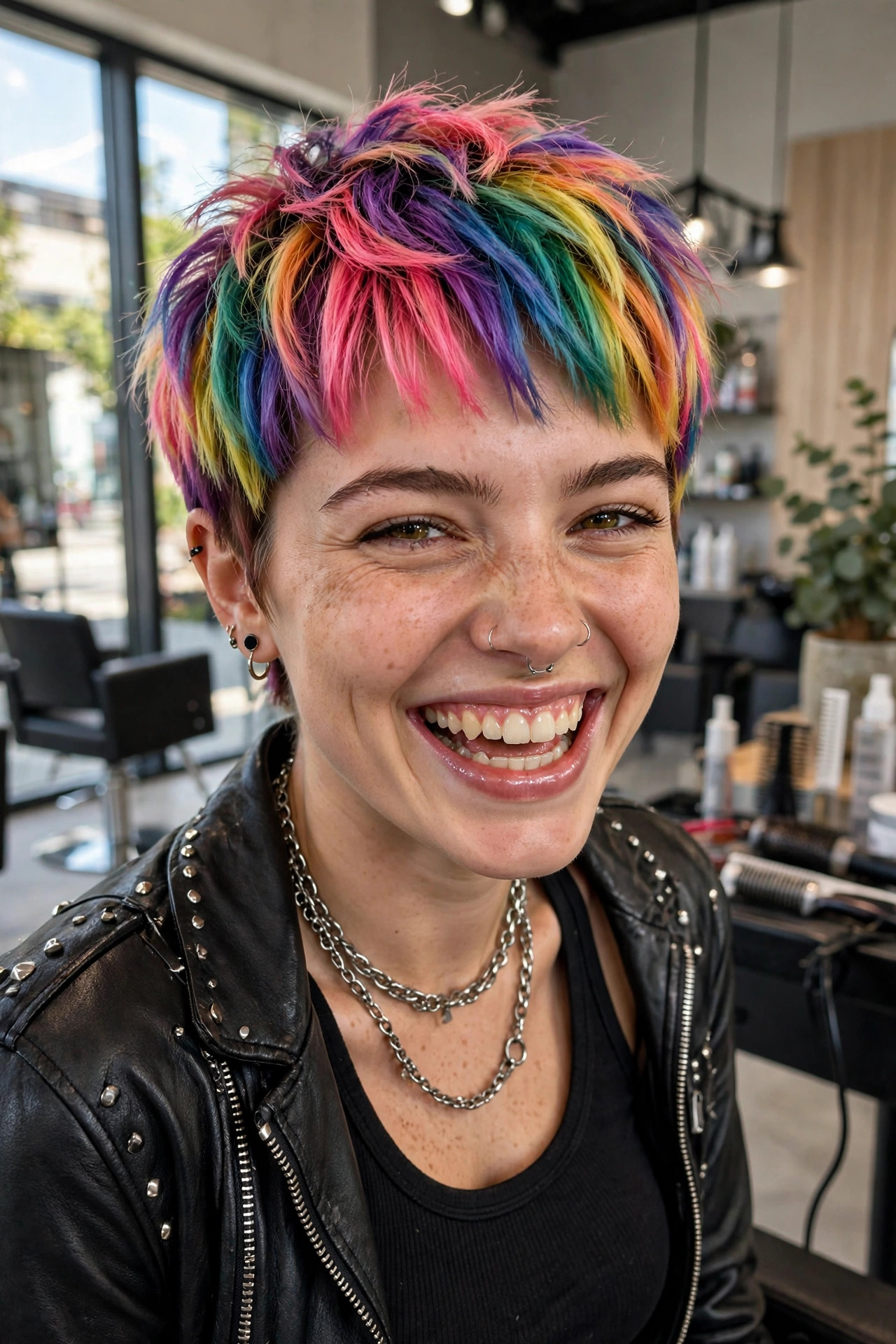 Short rainbow pixie cut with choppy textured clown hairstyles layers