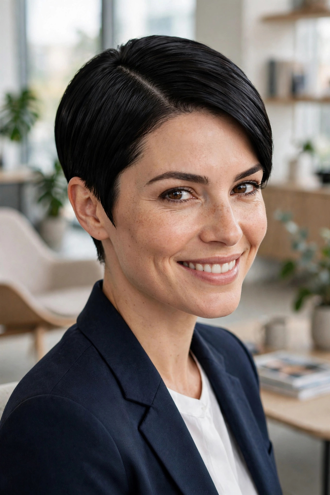 Sleek sharp sidepart, a bold take on edgy pixie haircuts