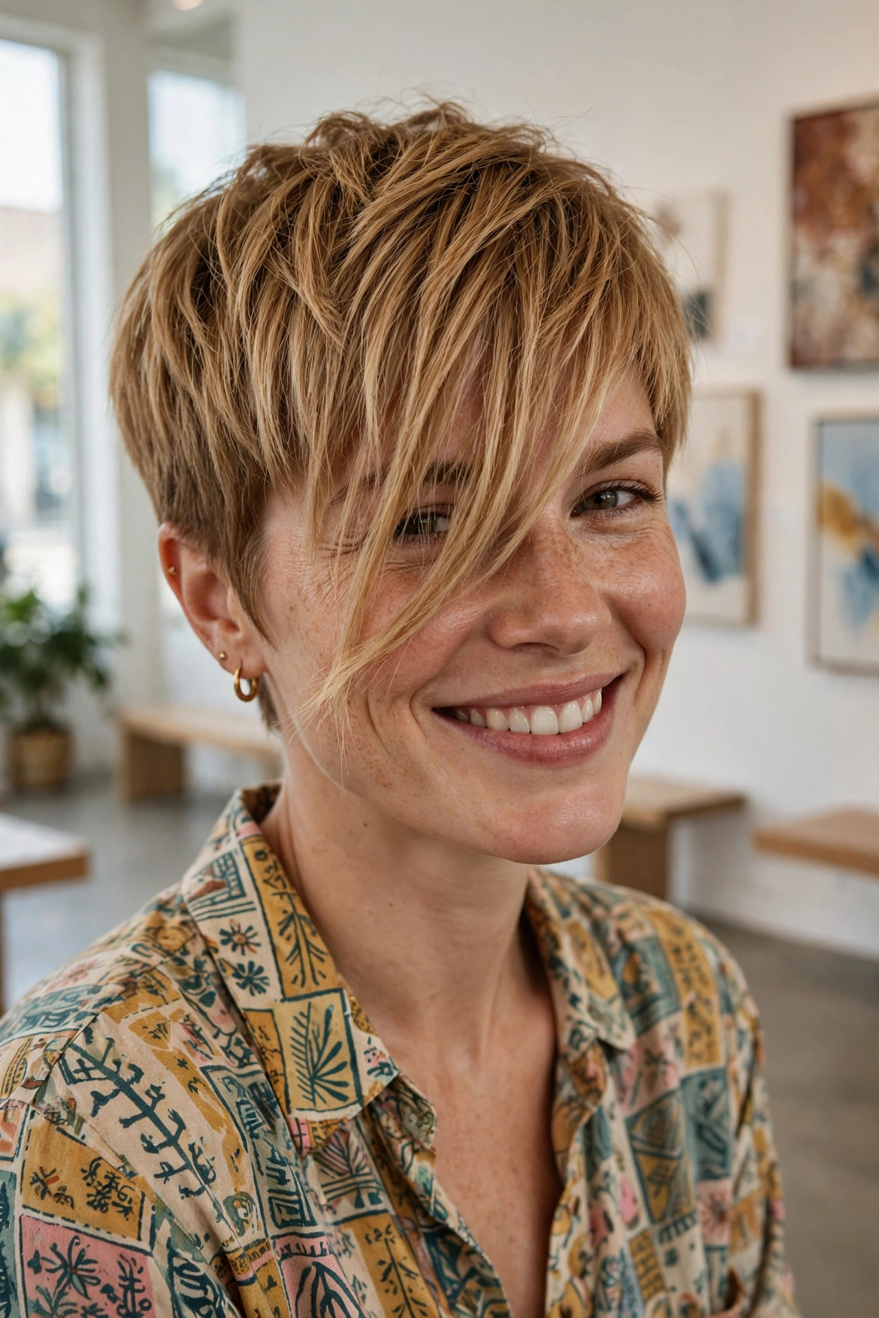 Long disconnected bangs in a daring cropped cut