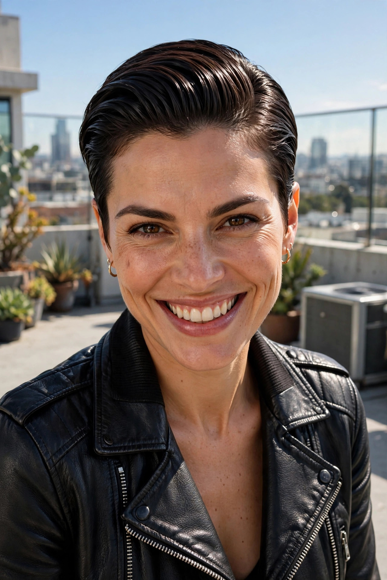 Slicked-back edge in a daring cropped cut
