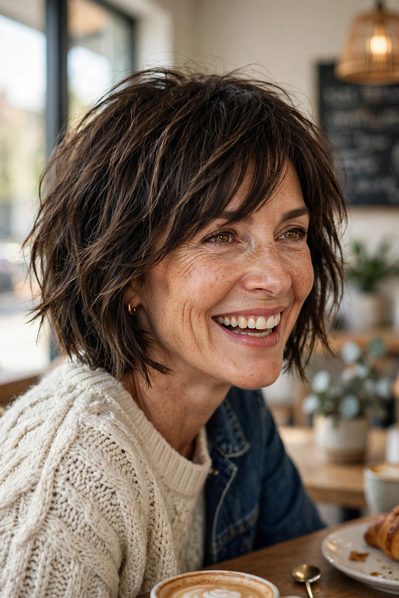 choppy layered bob with razored ends, among the edgy short hairstyles for women over 40
