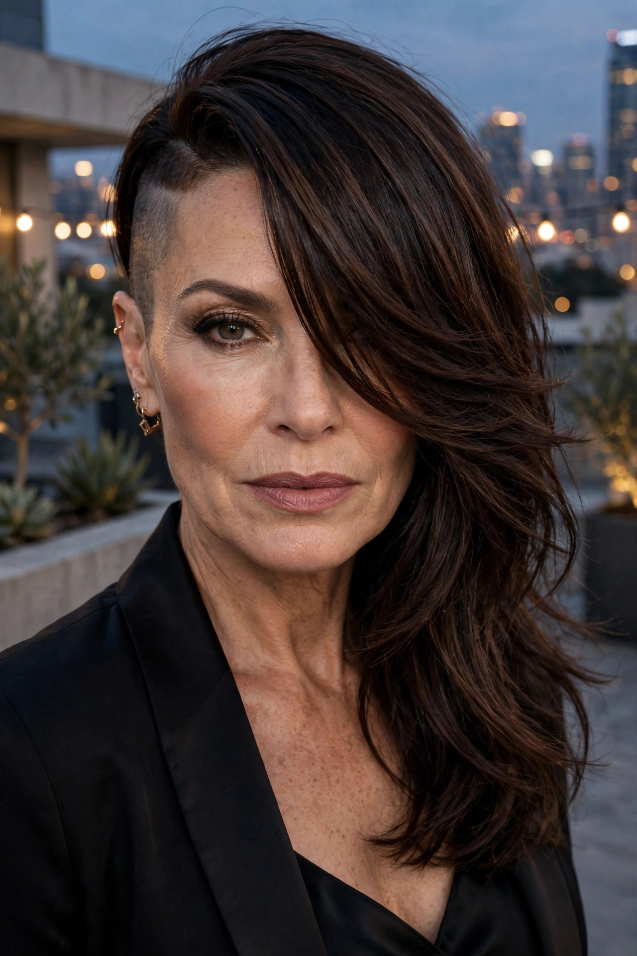 side-swept undercut bob with a hidden shave, from the edgy short hairstyles for women over 40