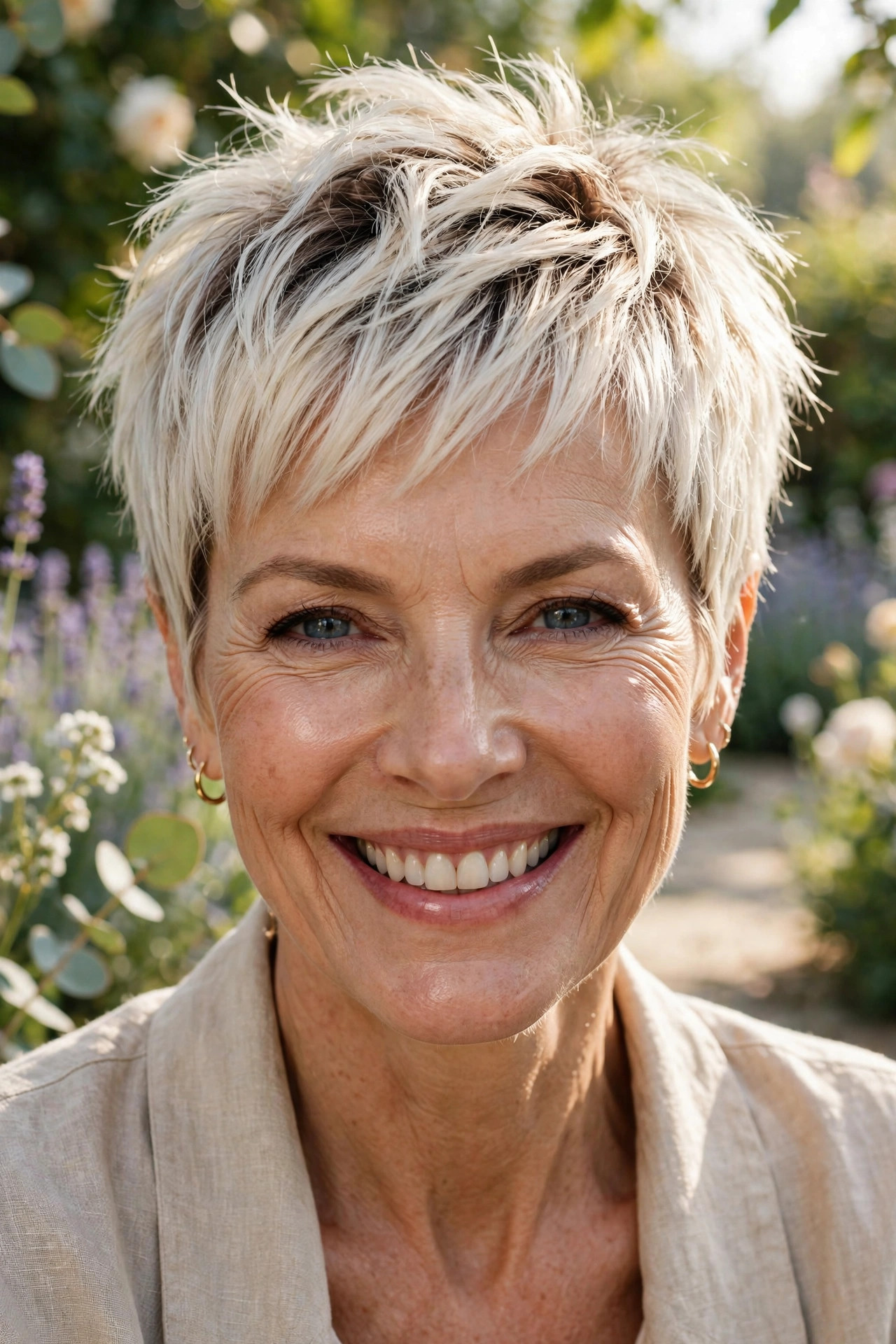 platinum blonde pixie with icy texture, the brightest of the edgy short hairstyles for women over 40