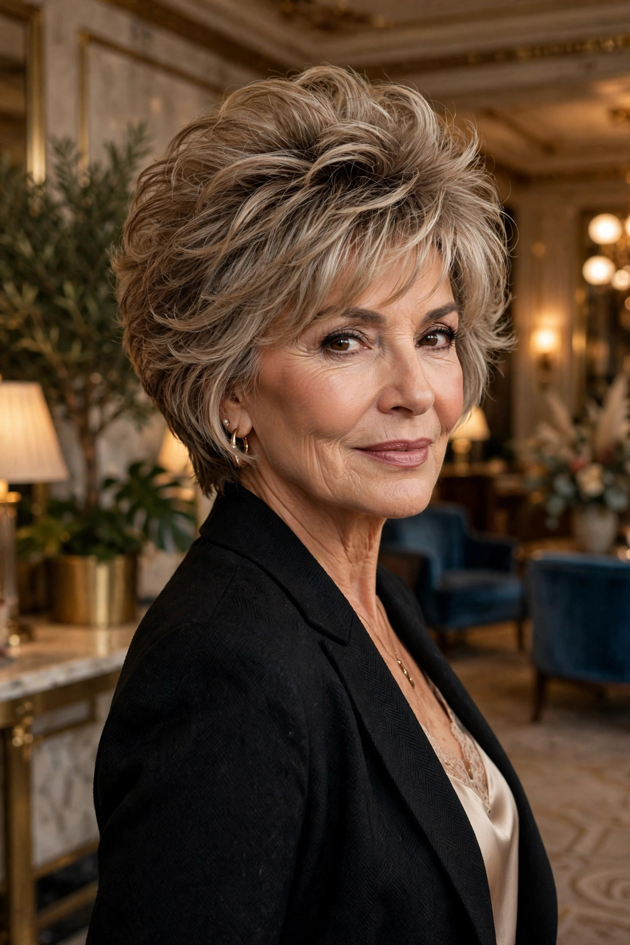 voluminous layered pixie with stacked crown layers for fullness