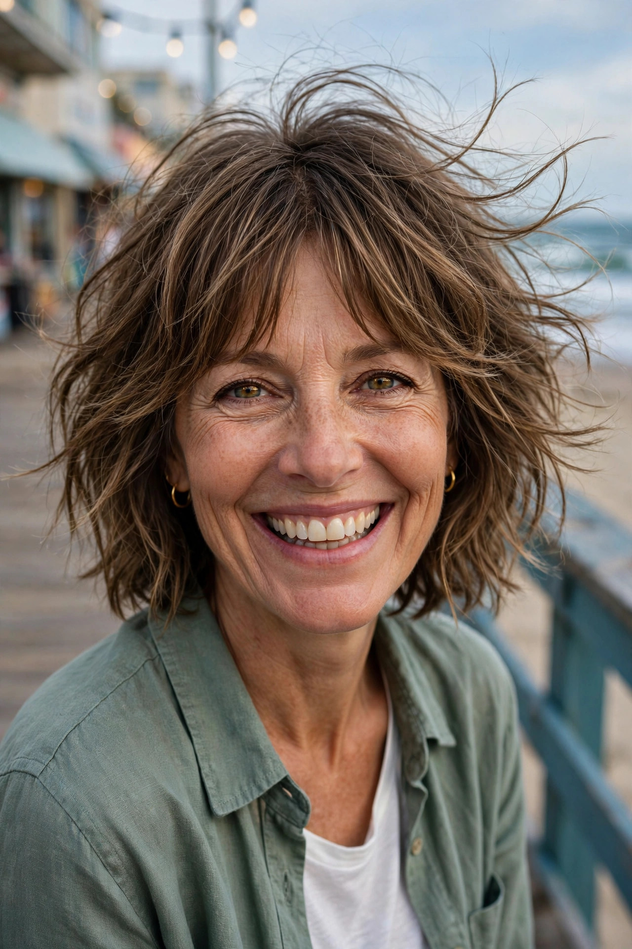 tousled shaggy bob with curtain bangs and lived-in waves