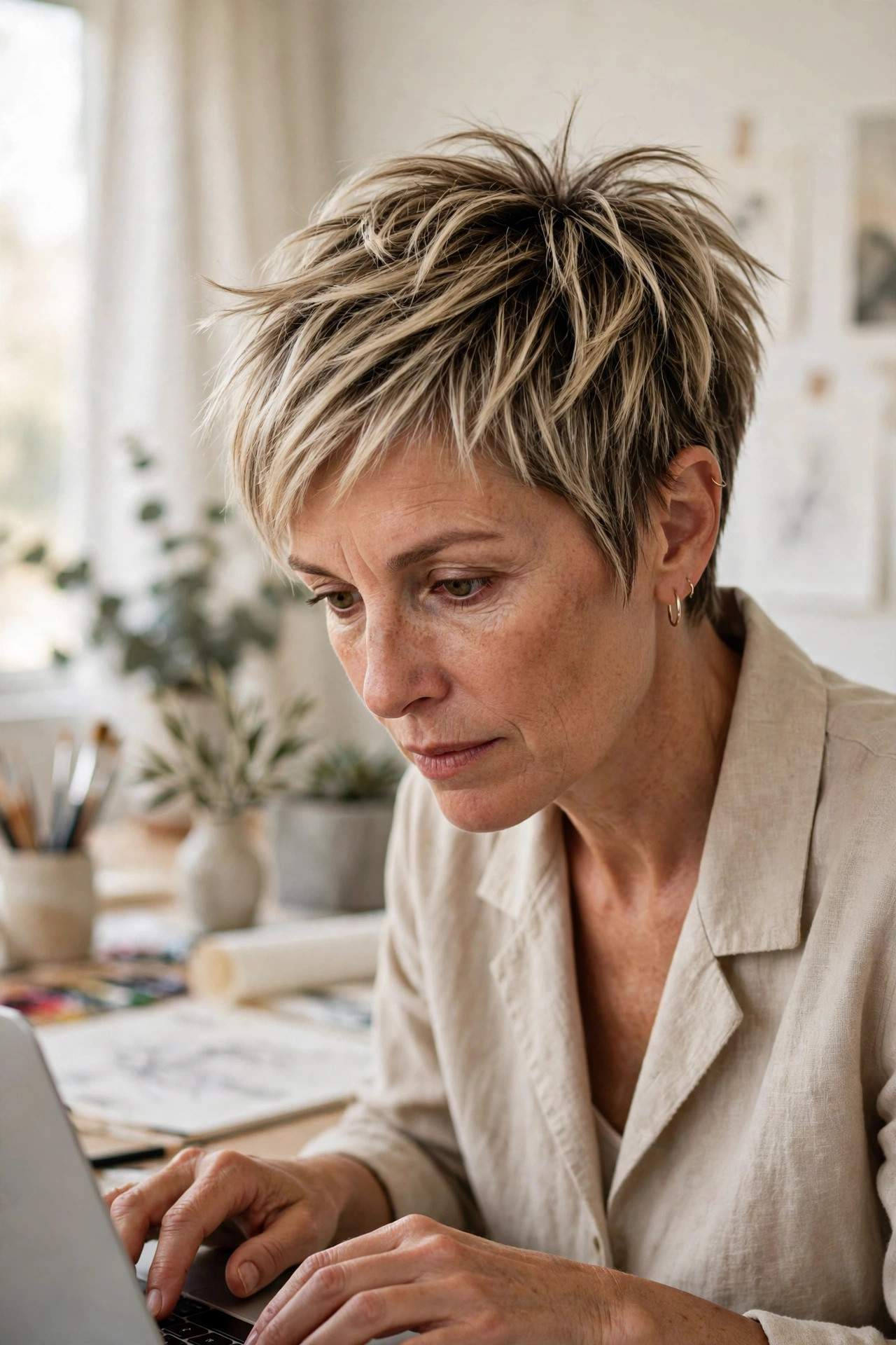 Piecey razored pixie with feathered ends, a modern look among fun short hairstyles for women over 40