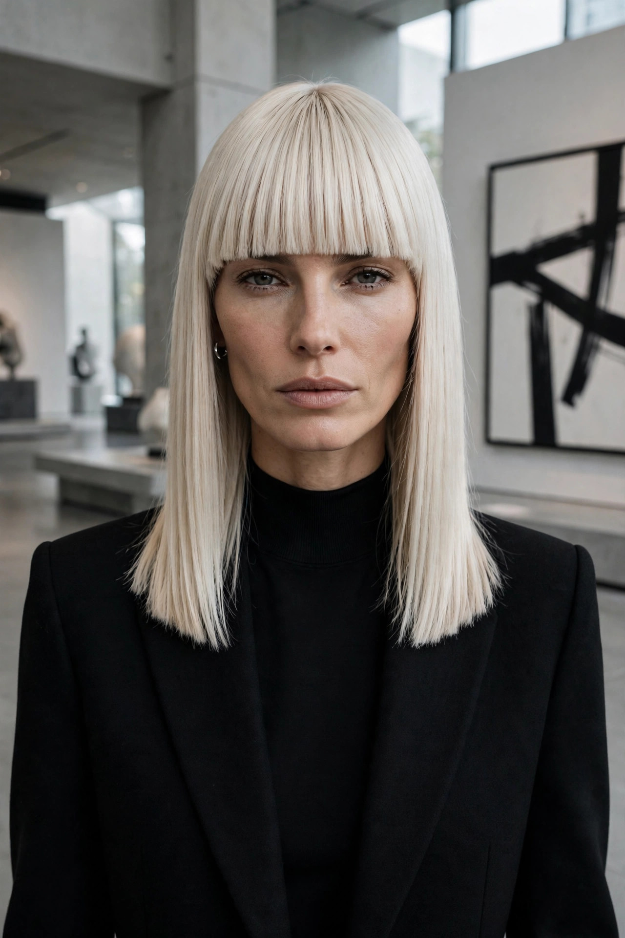 Platinum blunt bangs with sleek straight hair