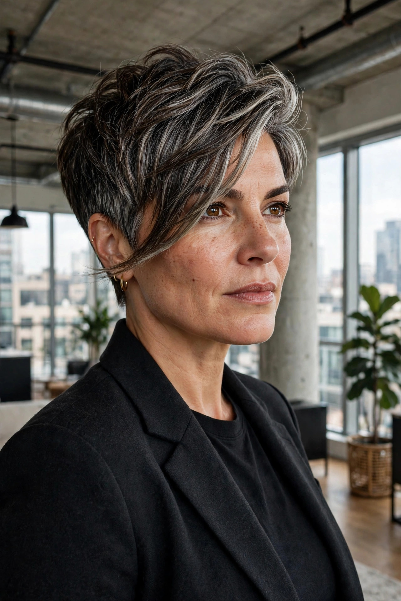 Side-swept pixie crop with silver-streaked texture
