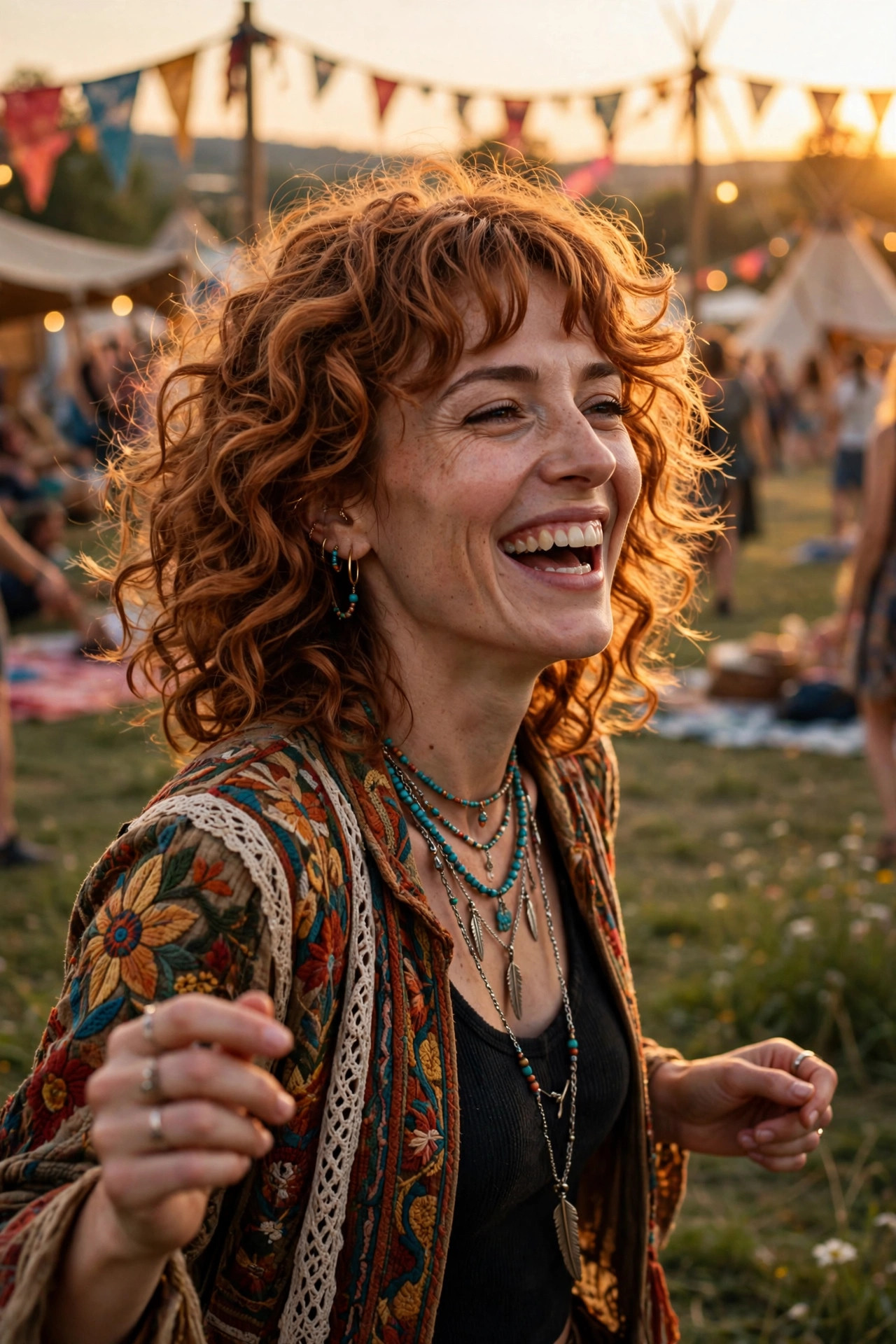 Curly copper shag layers with curtain fringe