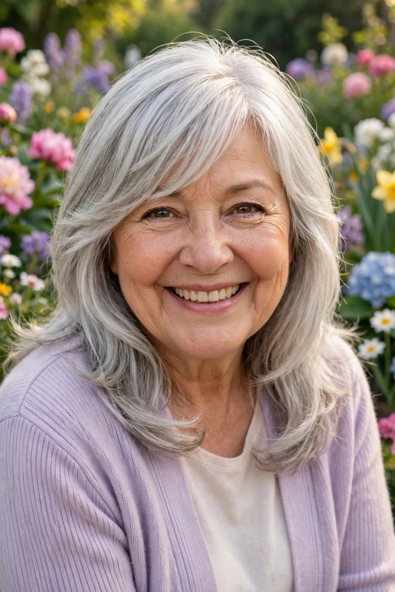Silver sweeping side bangs with feathered layers