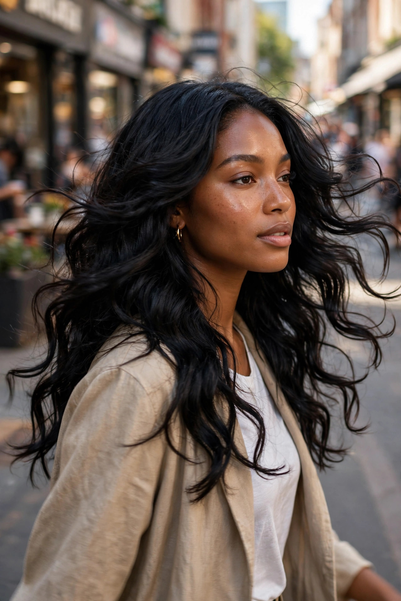 Jet black wavy layers cascading over shoulders on a sunlit city street