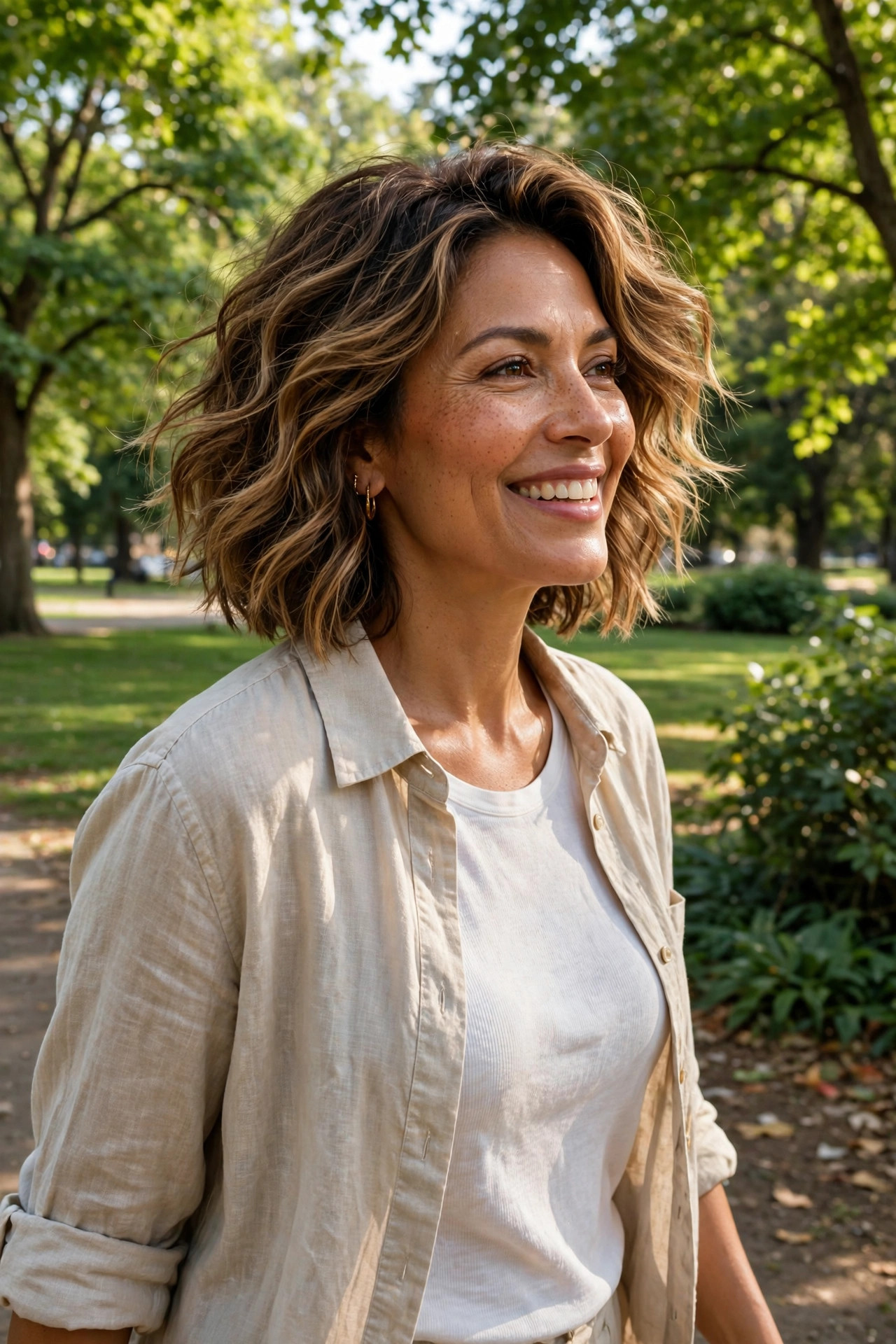 Caramel balayage lob with choppy texture, one of the prettiest hairstyles for thick wavy hair