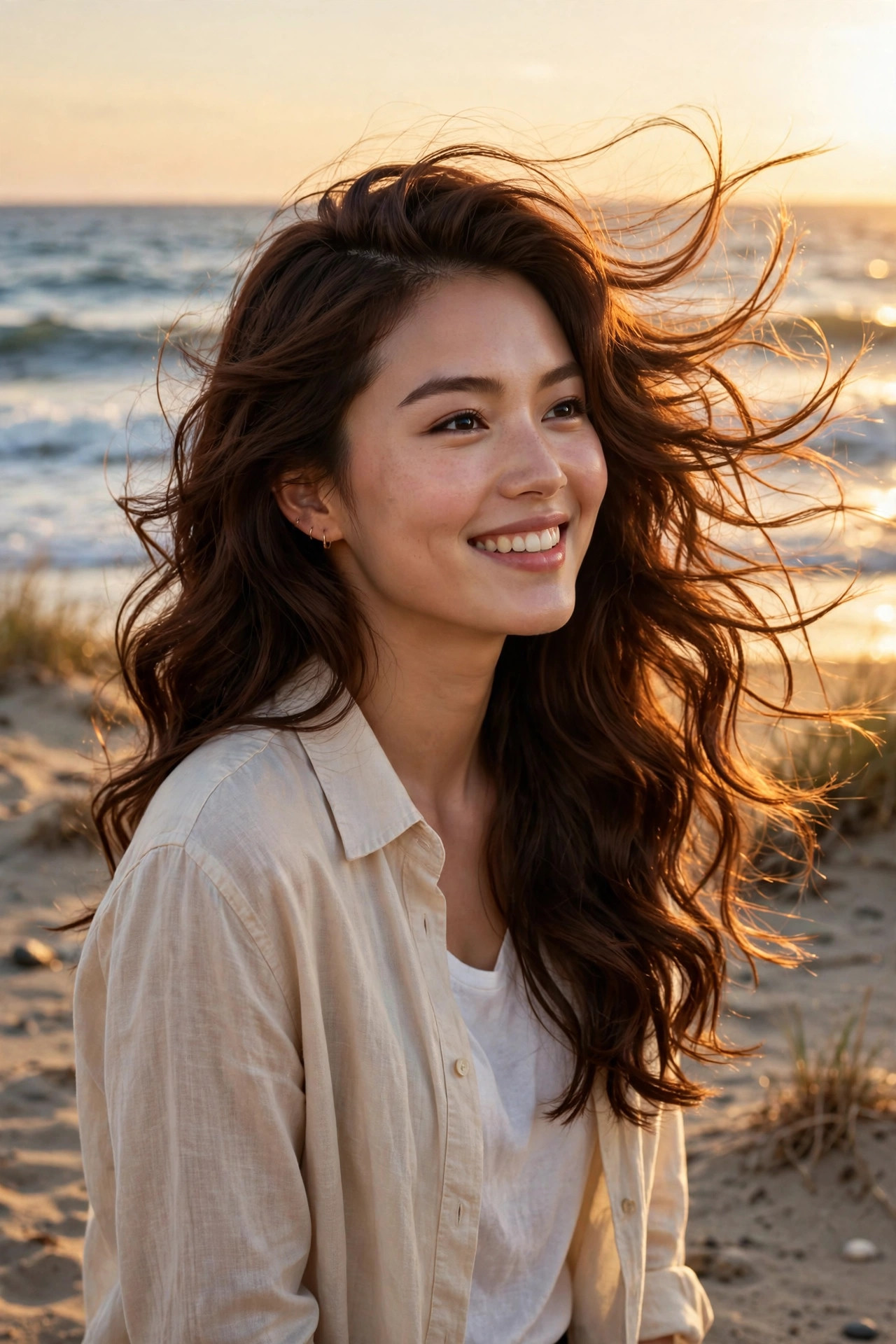 Chestnut wavy hair with deep side part and sweeping volume at the beach