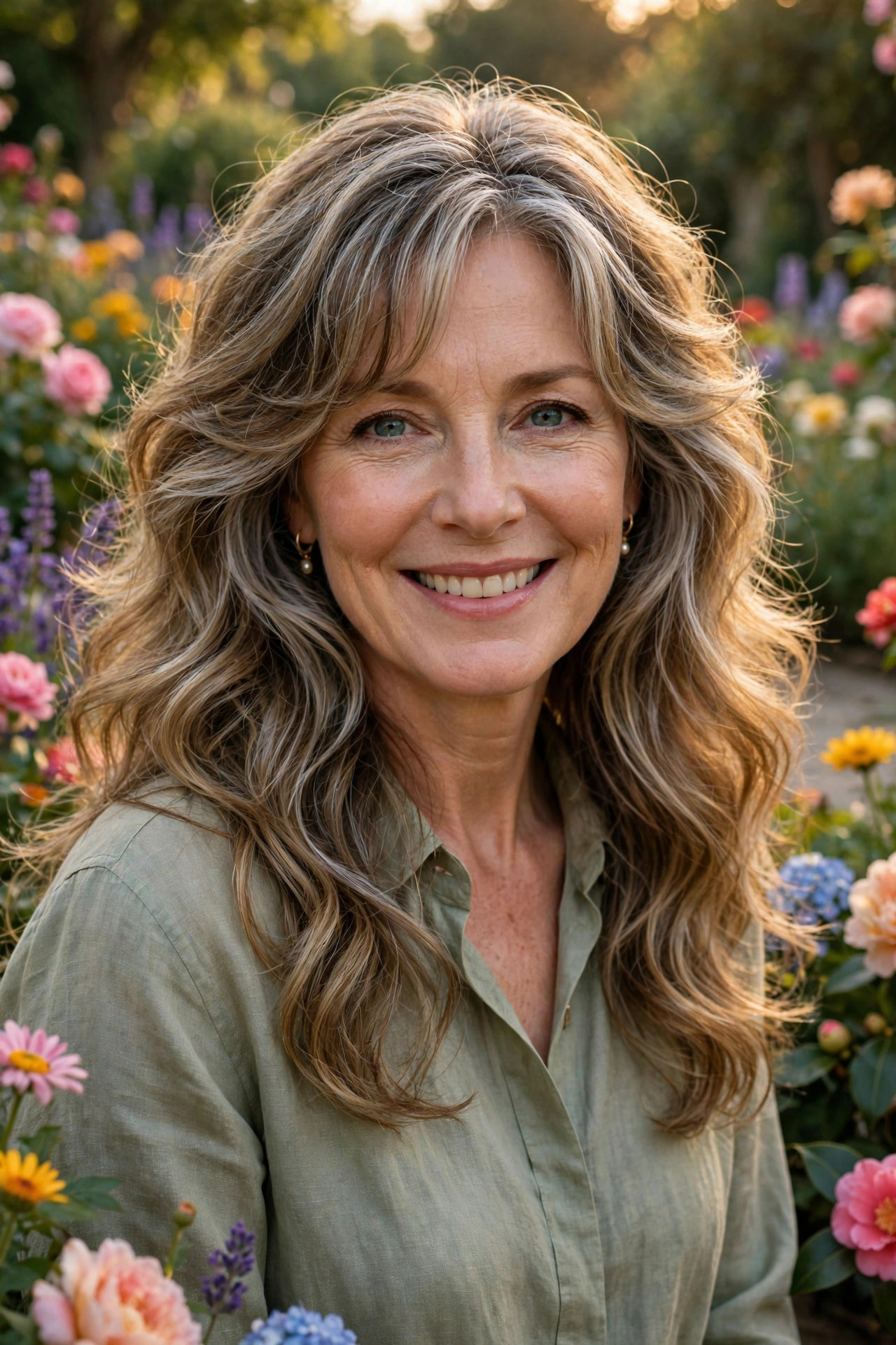 Dark blonde wavy hair with silver streaks and curtain bangs, among the most flattering hairstyles for thick wavy hair