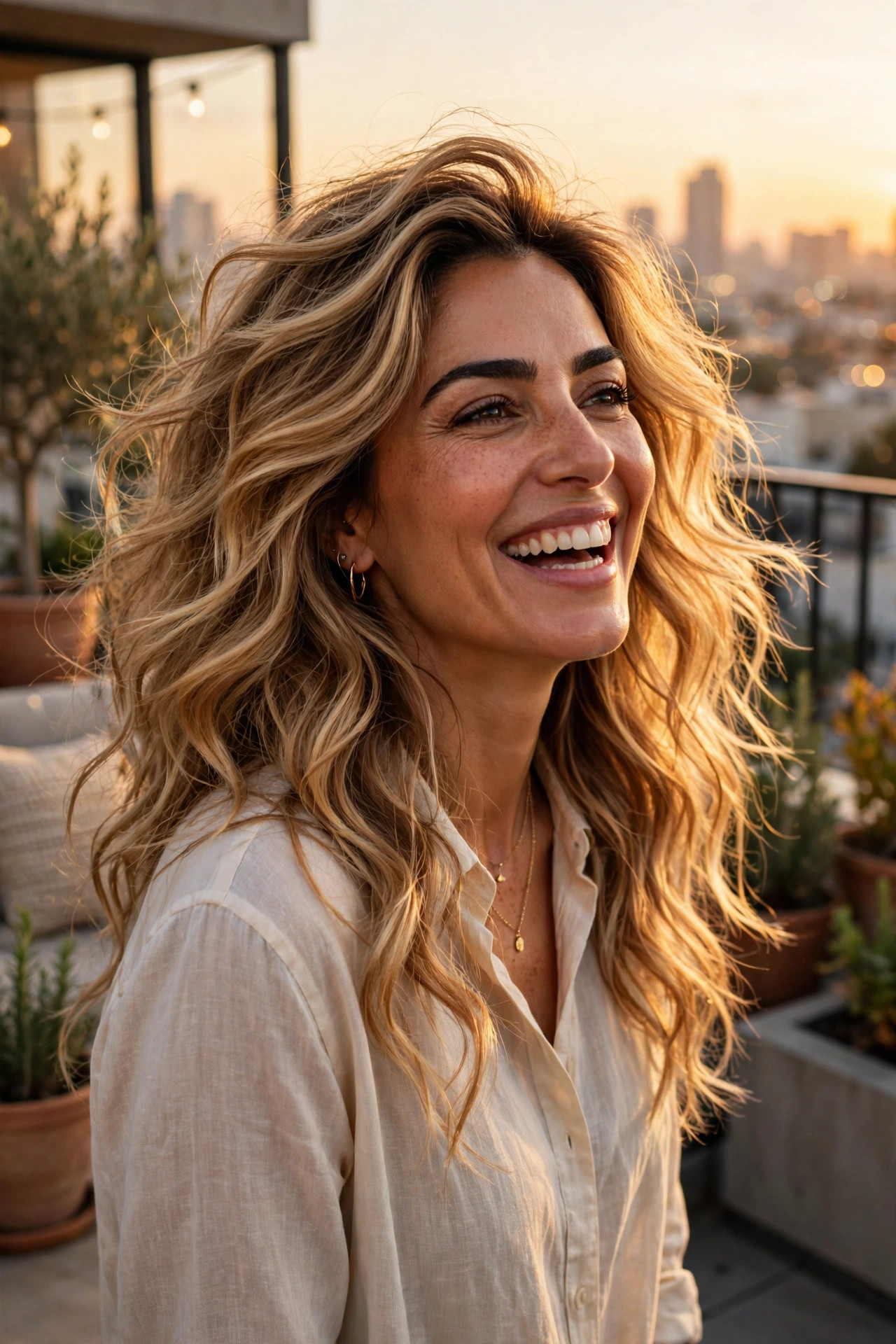 Honey blonde balayage beach waves with sun-kissed ends on a rooftop at sunset