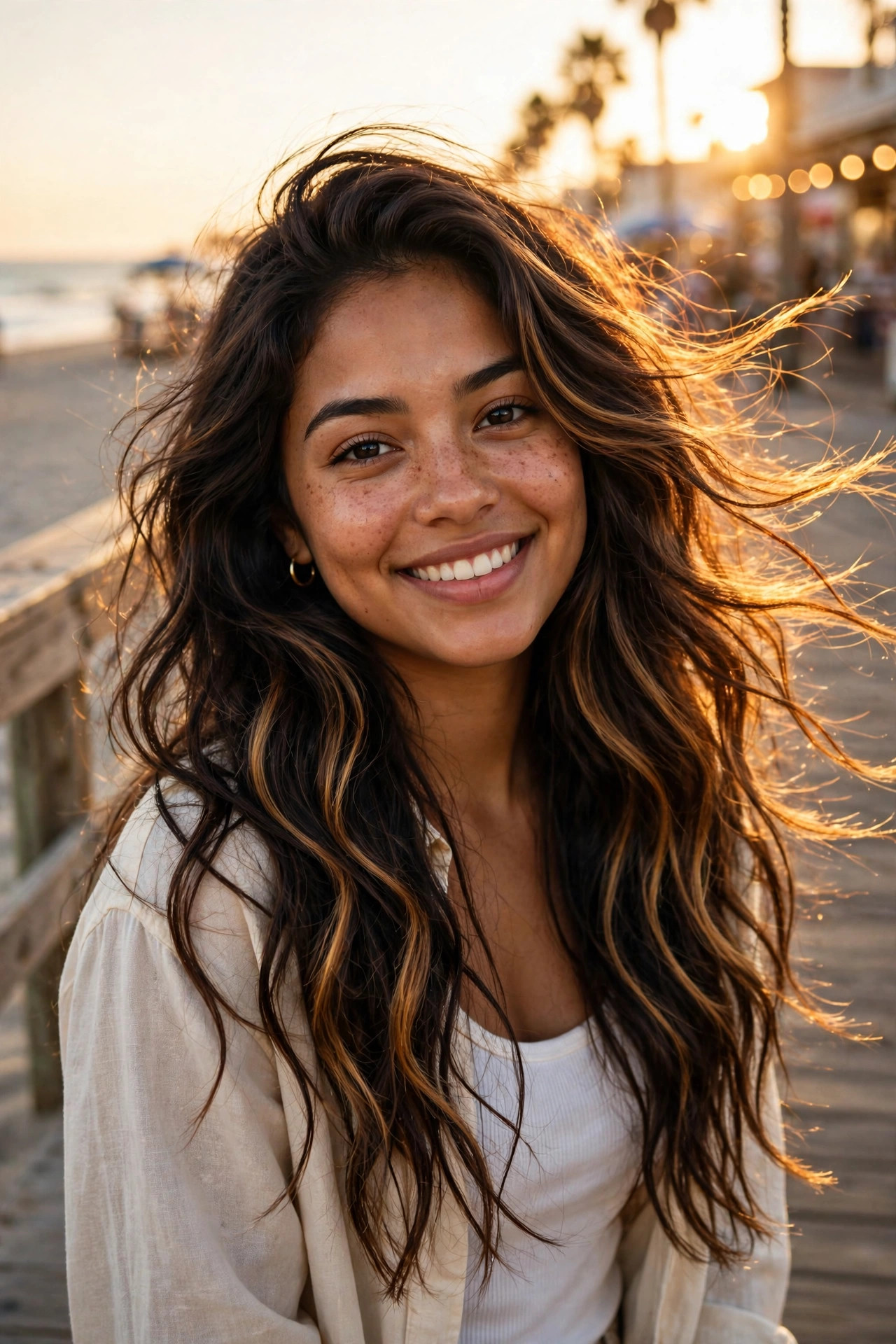 Latina woman in her 20s with long dark brown hair featuring chunky caramel highlights and loose voluminous waves at the beach