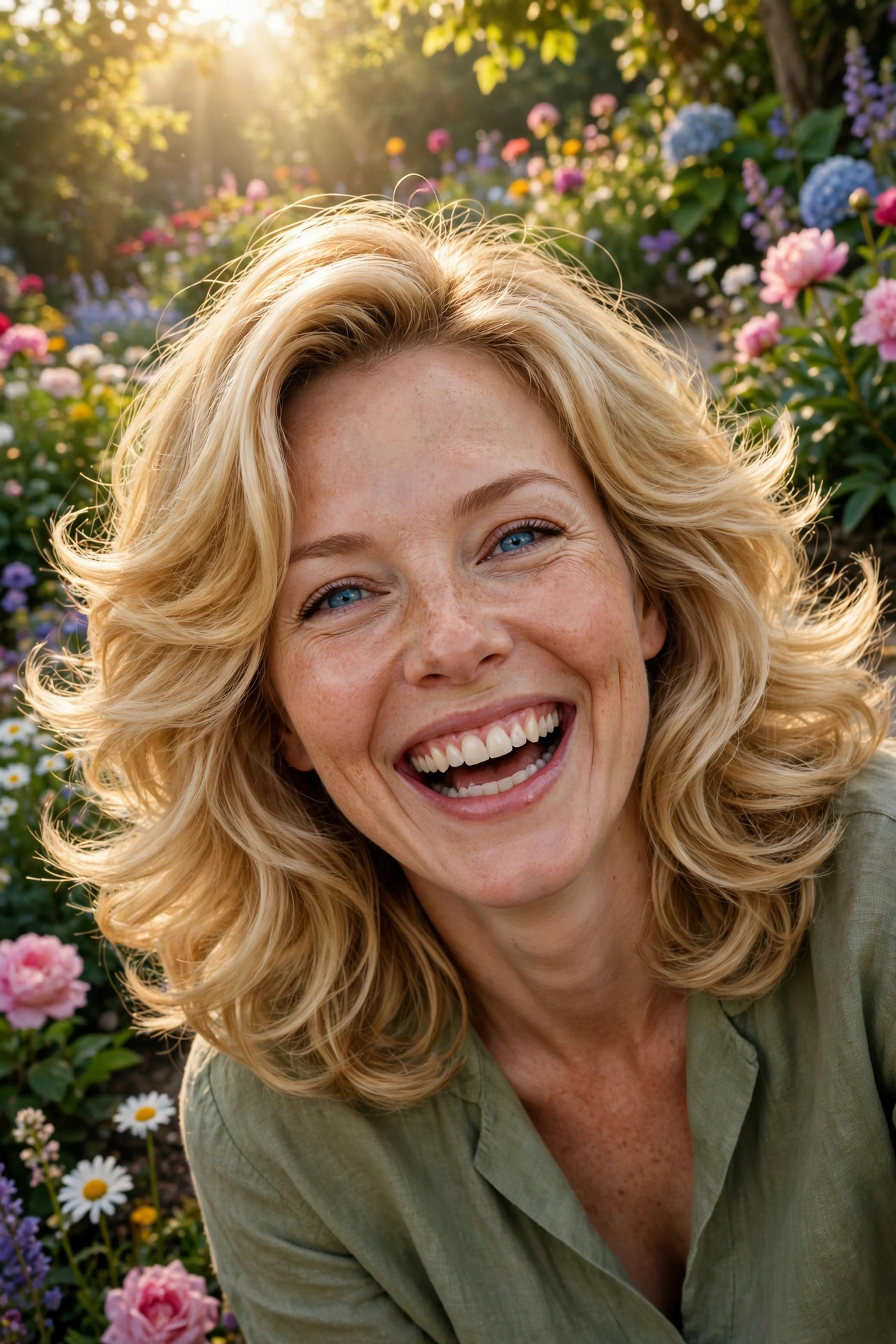 White woman in her 30s with a bouncy golden blonde layered blowout, one of the most glamorous hairstyles for thick wavy hair, in a blooming garden
