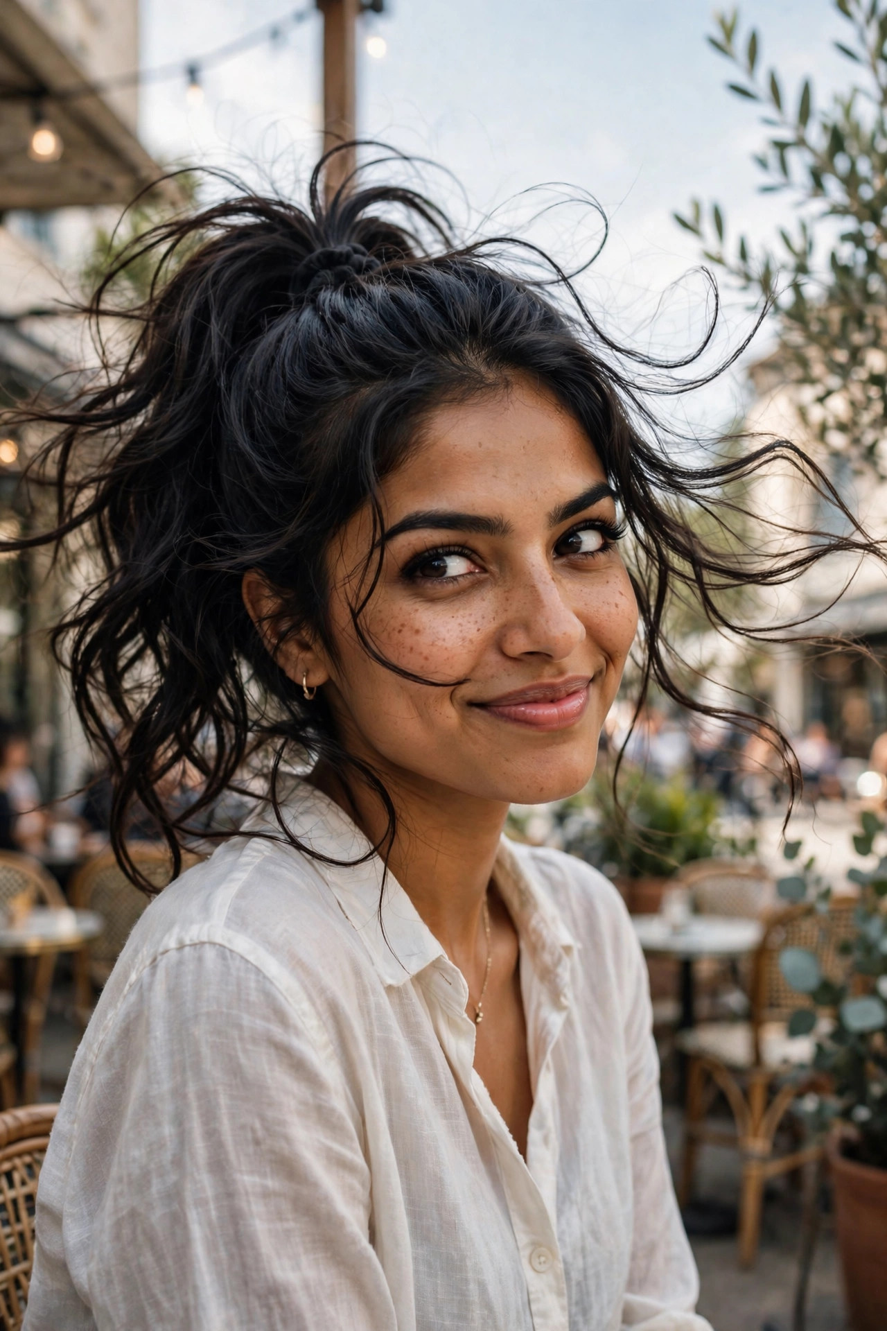 South Asian woman in her 20s with a messy high ponytail of thick black waves on a café terrace
