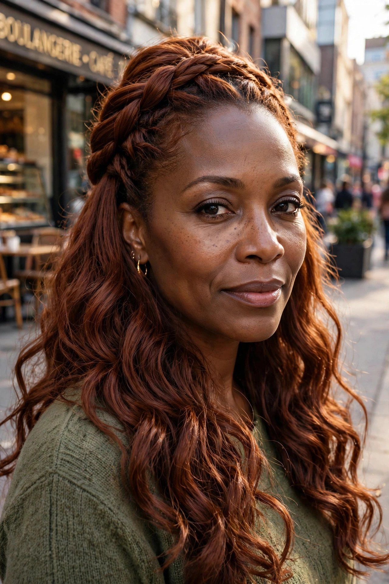 Black woman in her 40s wearing a half-up twisted crown, one of the most elegant hairstyles for thick wavy hair, on a city street