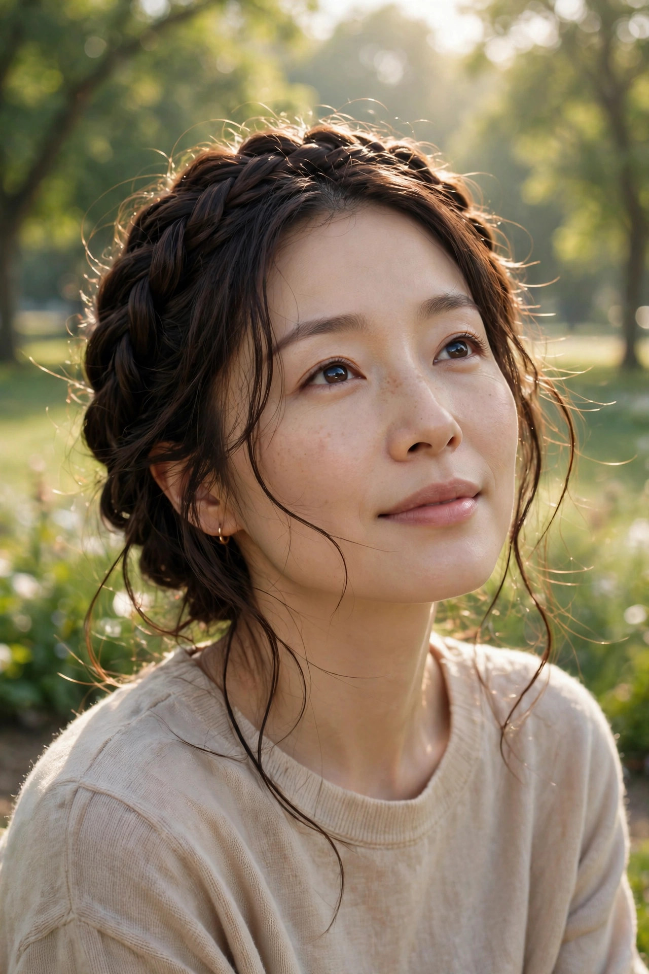 East Asian woman in her 30s with a loose braided halo of dark chocolate brown waves in a sunlit park