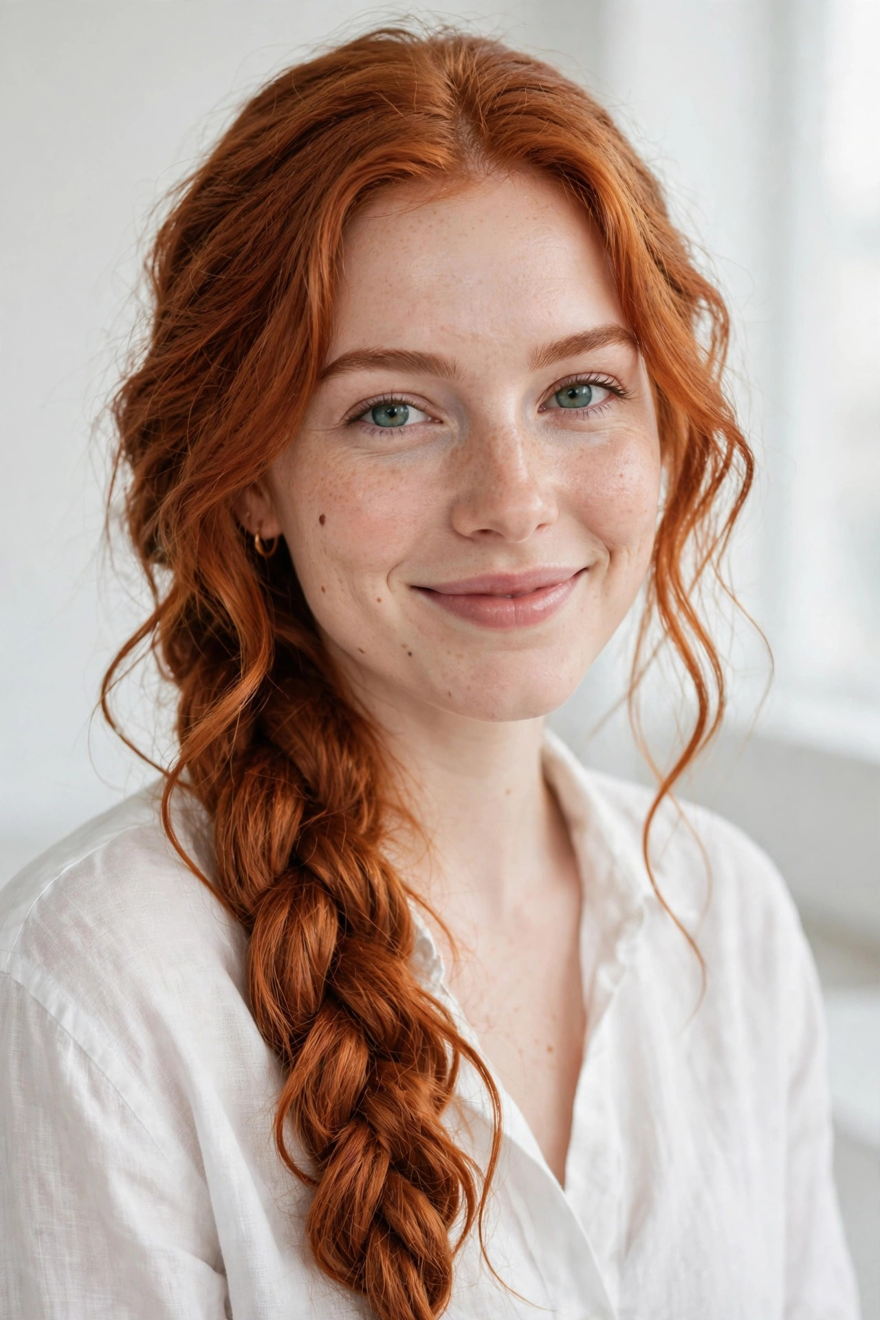 White woman in her 20s with a thick copper red side braid, one of the coziest hairstyles for thick wavy hair, in a bright studio