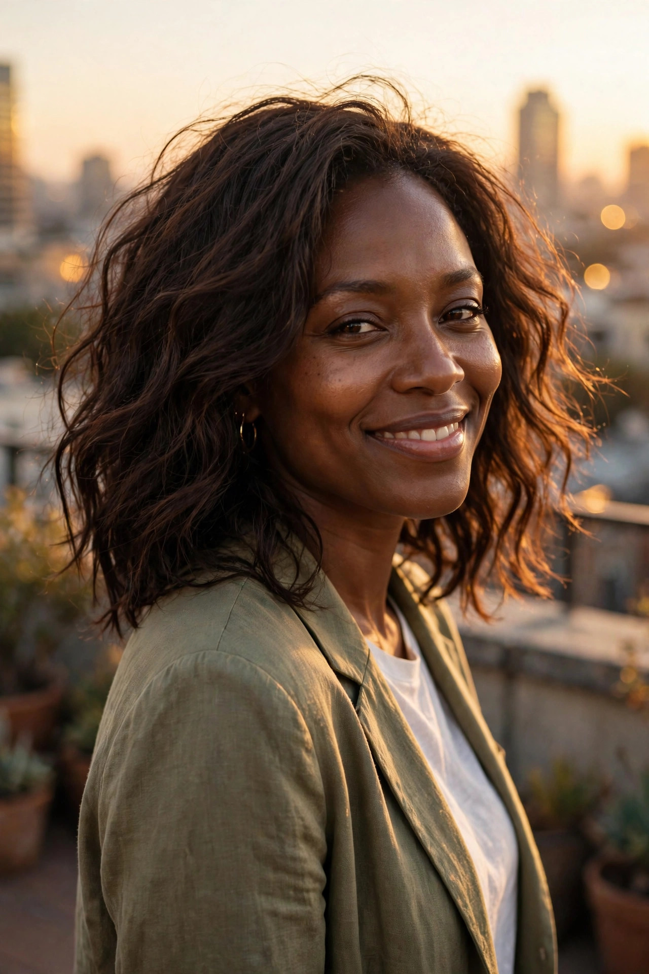 Smiling woman with a voluminous wavy shoulder-length bob in dark brown on a sunlit rooftop