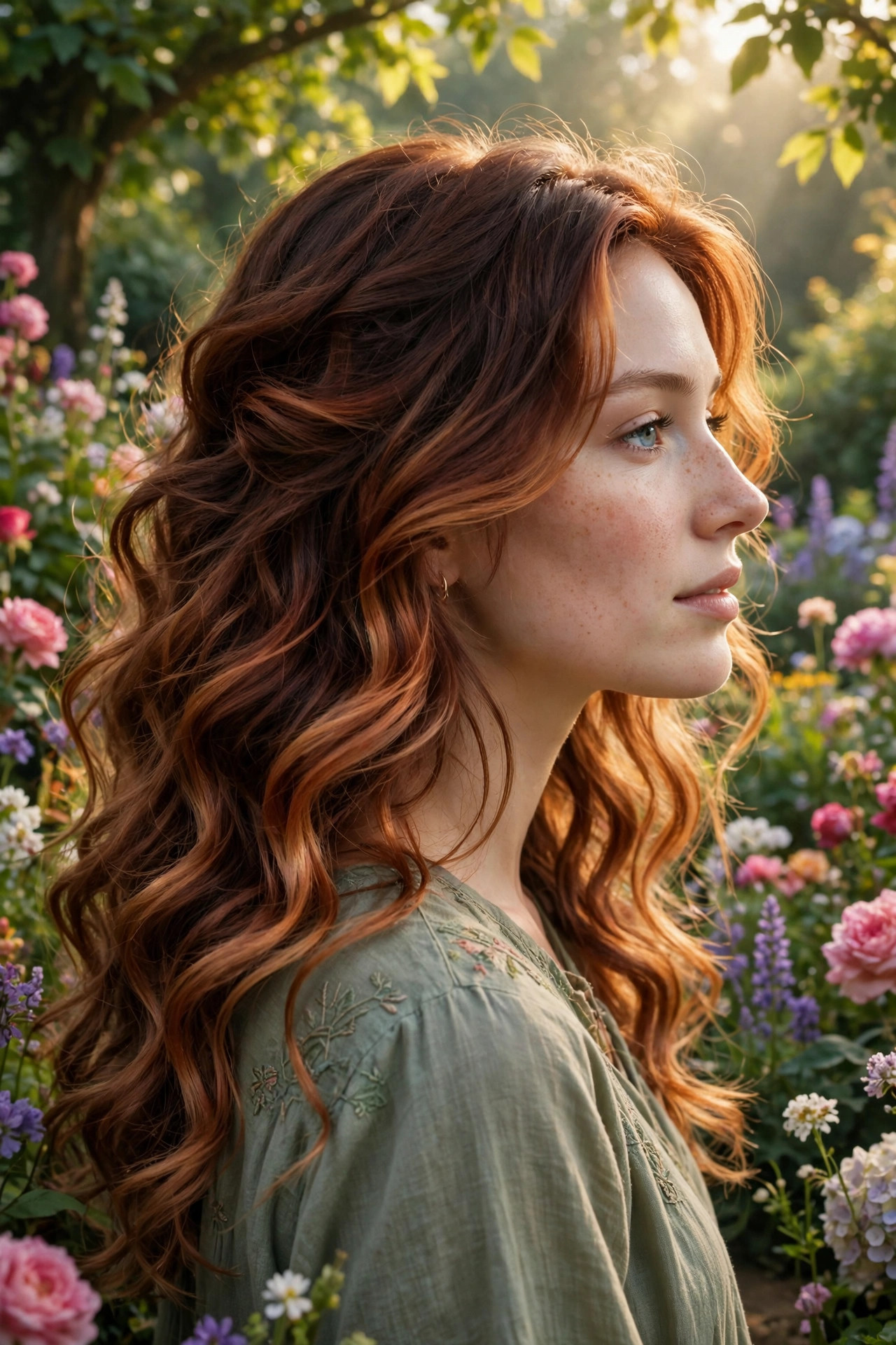 Young woman with long copper balayage waves glowing in a flower garden