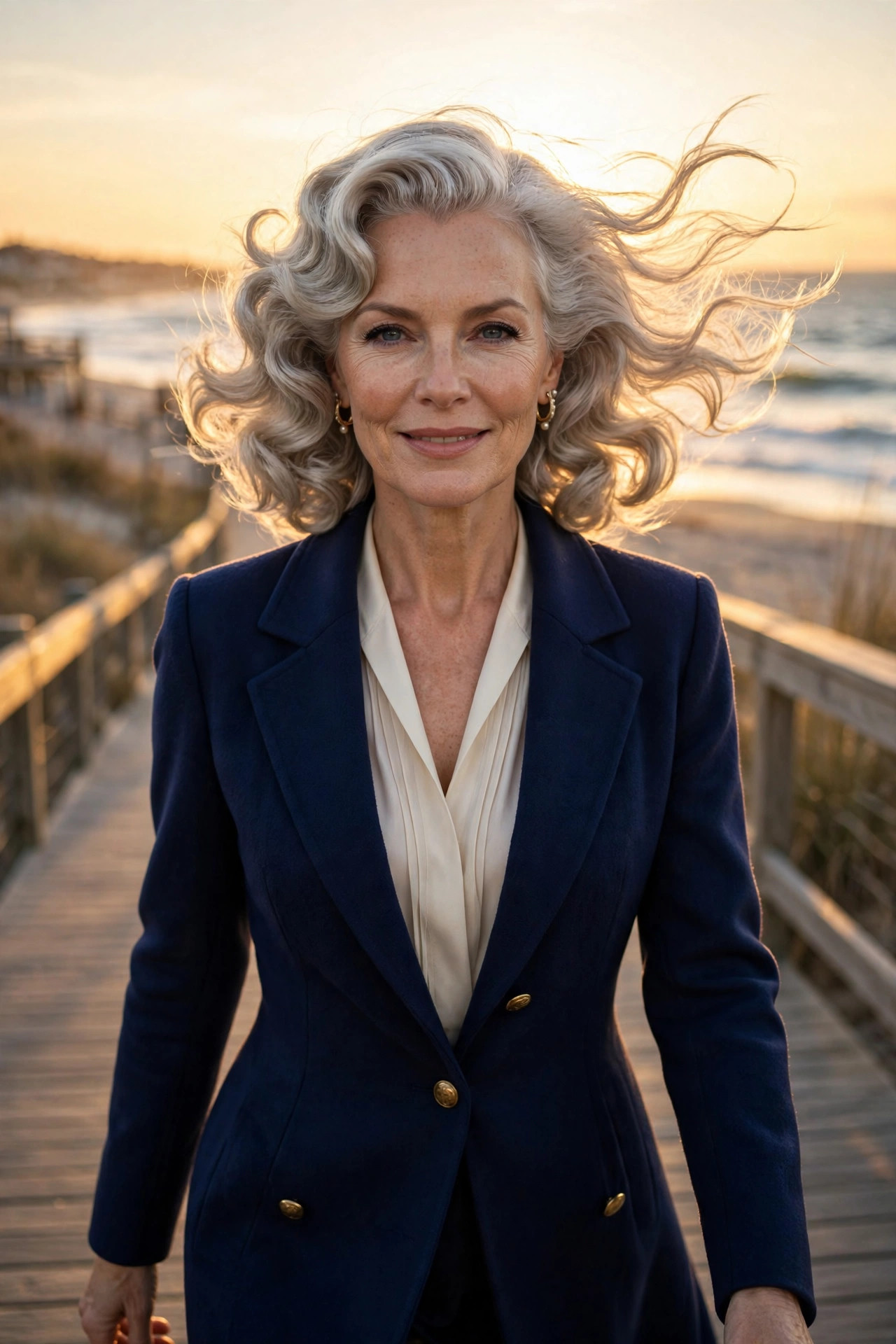 Elegant woman with sculpted retro Hollywood waves in silver-blonde on a beach boardwalk