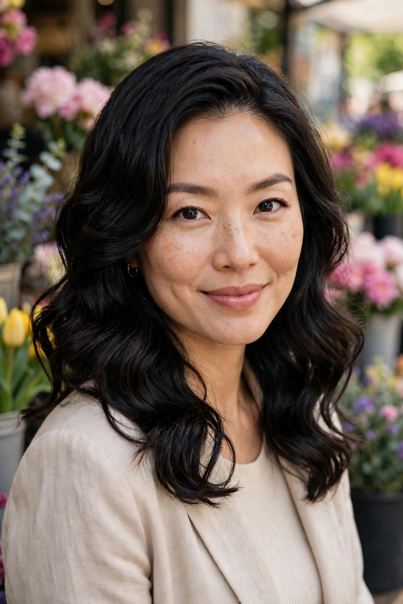 Defined glossy black waves with mirror-like shine on thick wavy hair at a bright flower market