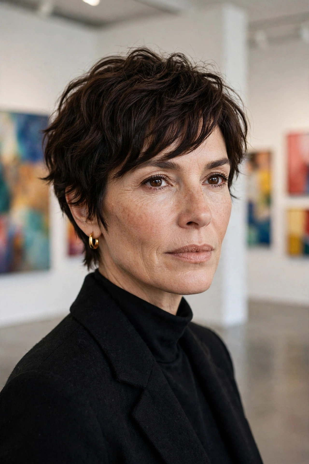 Textured dark brown wavy pixie crop with side-swept fringe, one of the boldest hairstyles for thick wavy hair