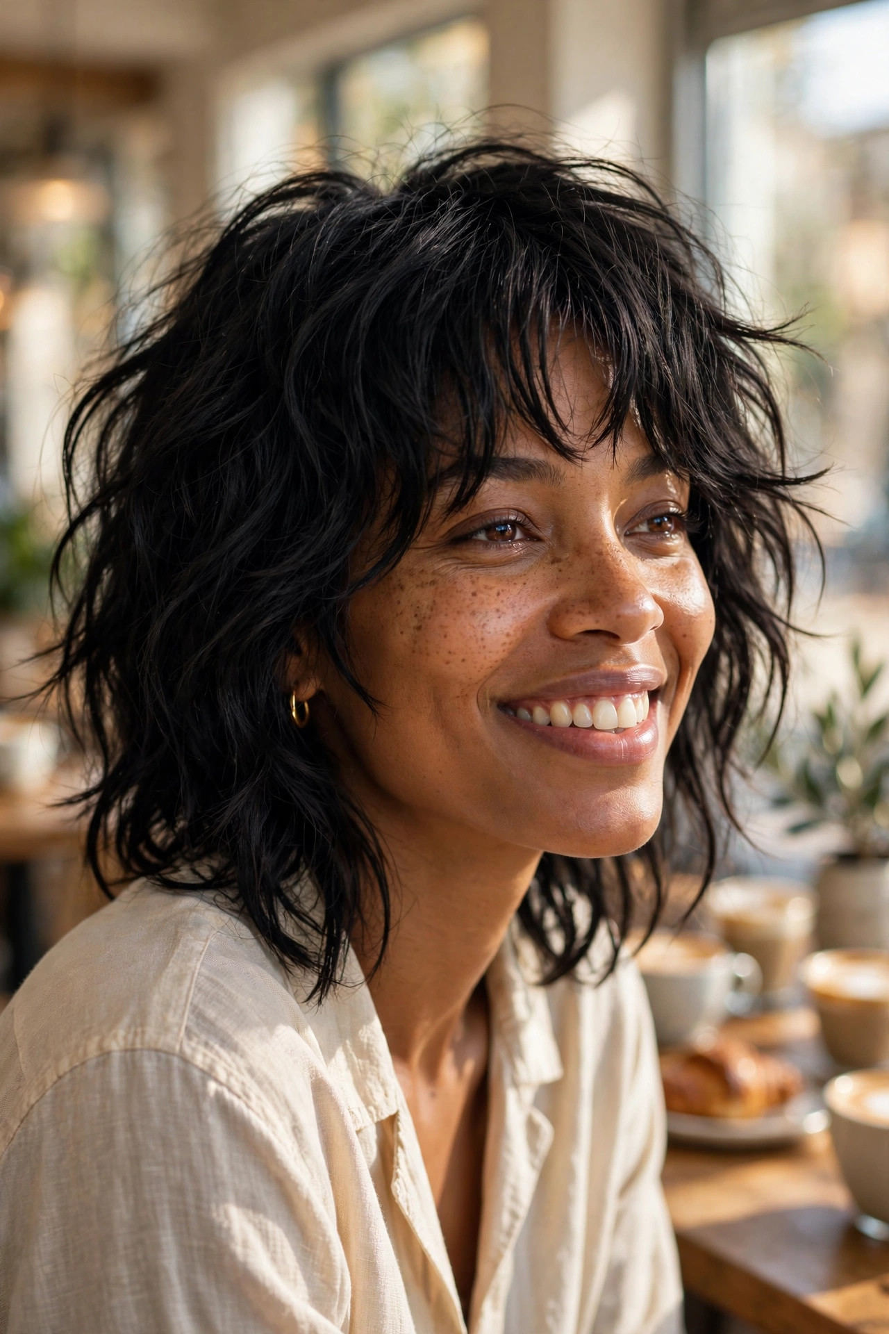 Tousled black wavy shag haircut with choppy layers and curtain fringe in a bright café