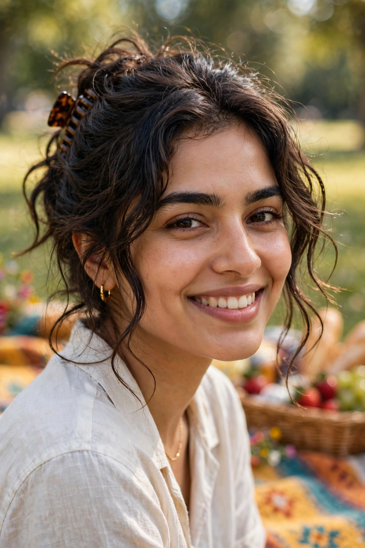 Dark brown wavy hair swept into a casual claw clip updo with soft tendrils, an easy everyday look among hairstyles for thick wavy hair