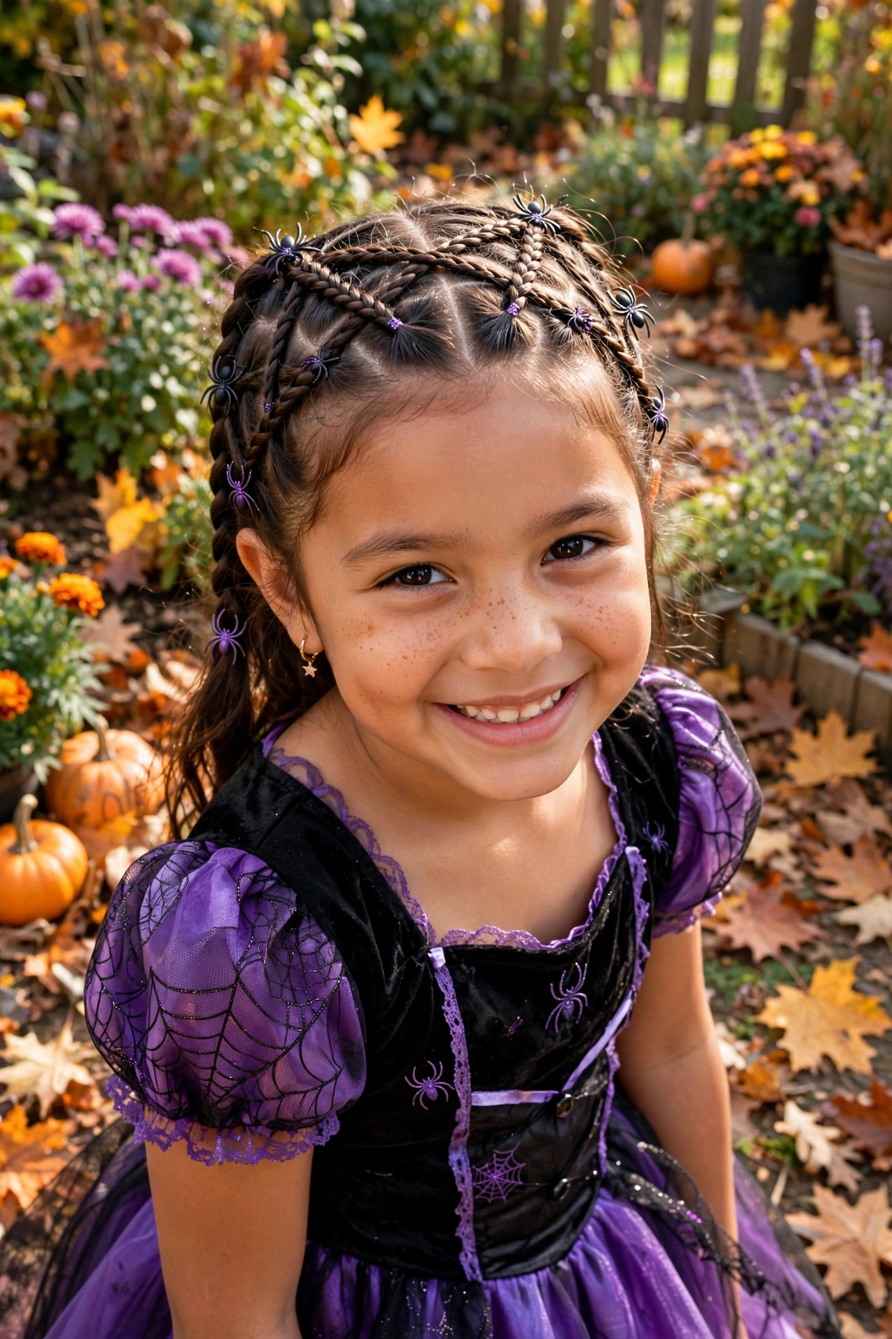 Cute spider web braids with tiny spider clips, one of the playful halloween hairstyles for kids