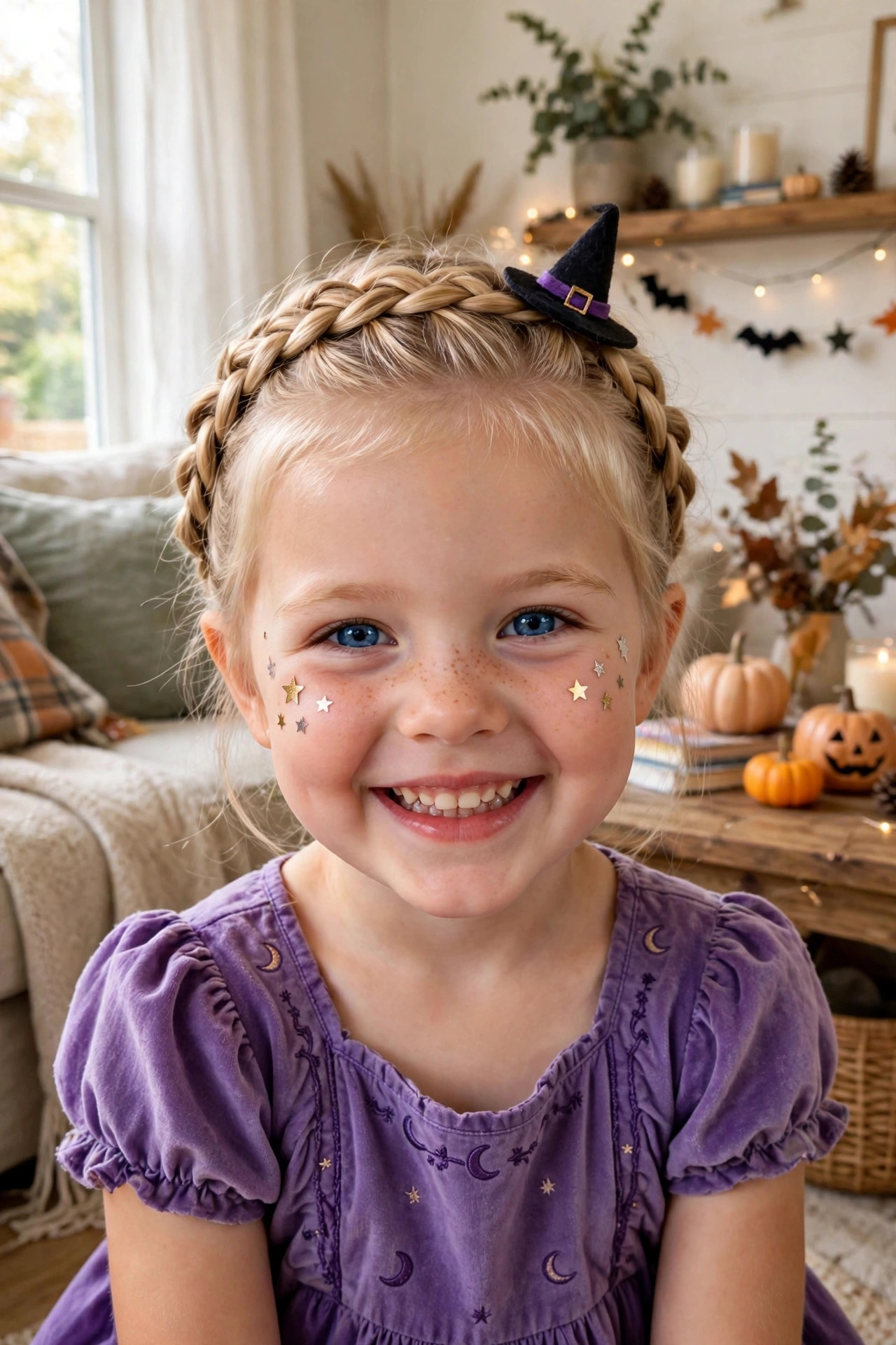 Little girl with a witchy twist crown braid, a magical pick among halloween hairstyles for kids