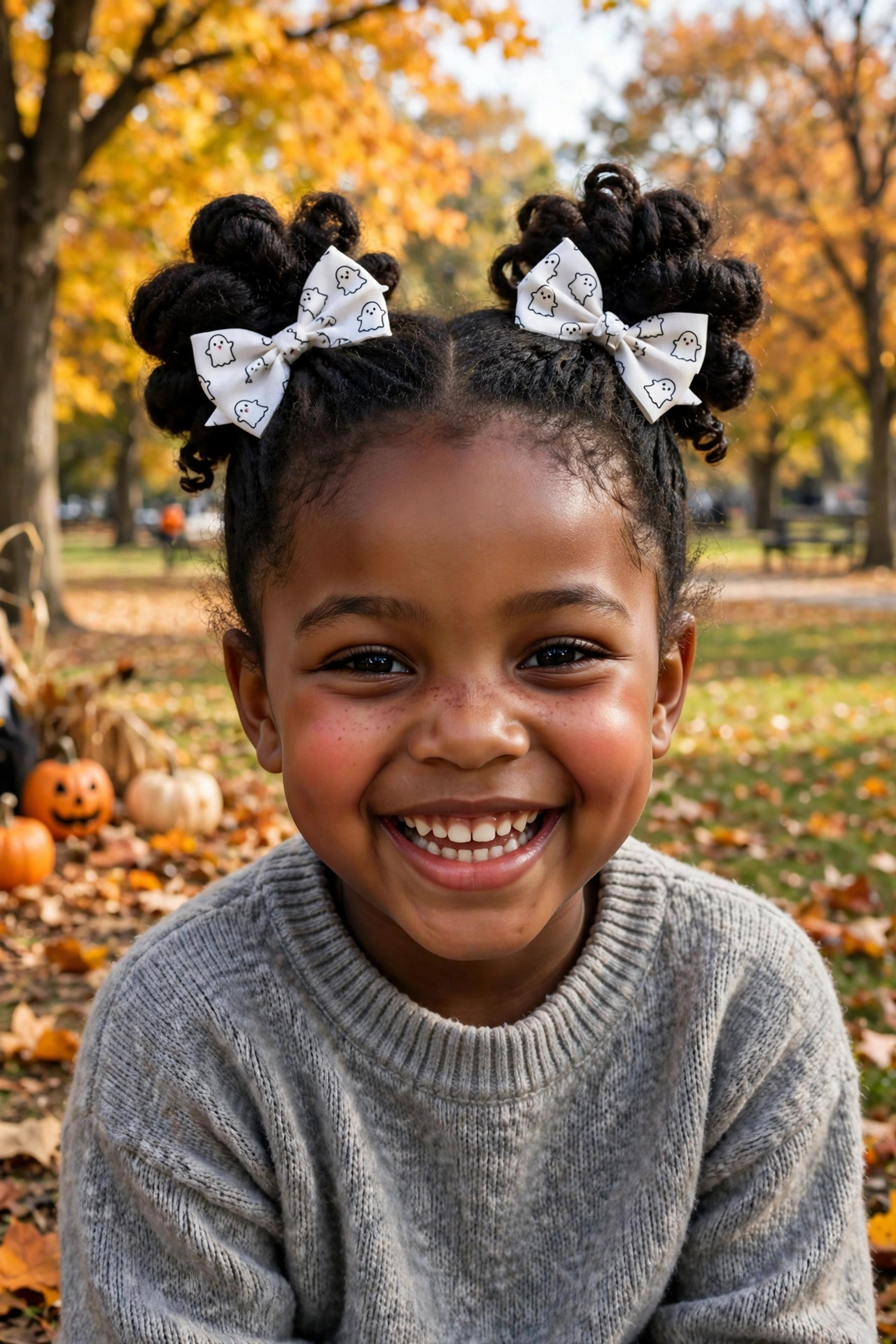 Girl with ghost bow space buns and rosy cheeks