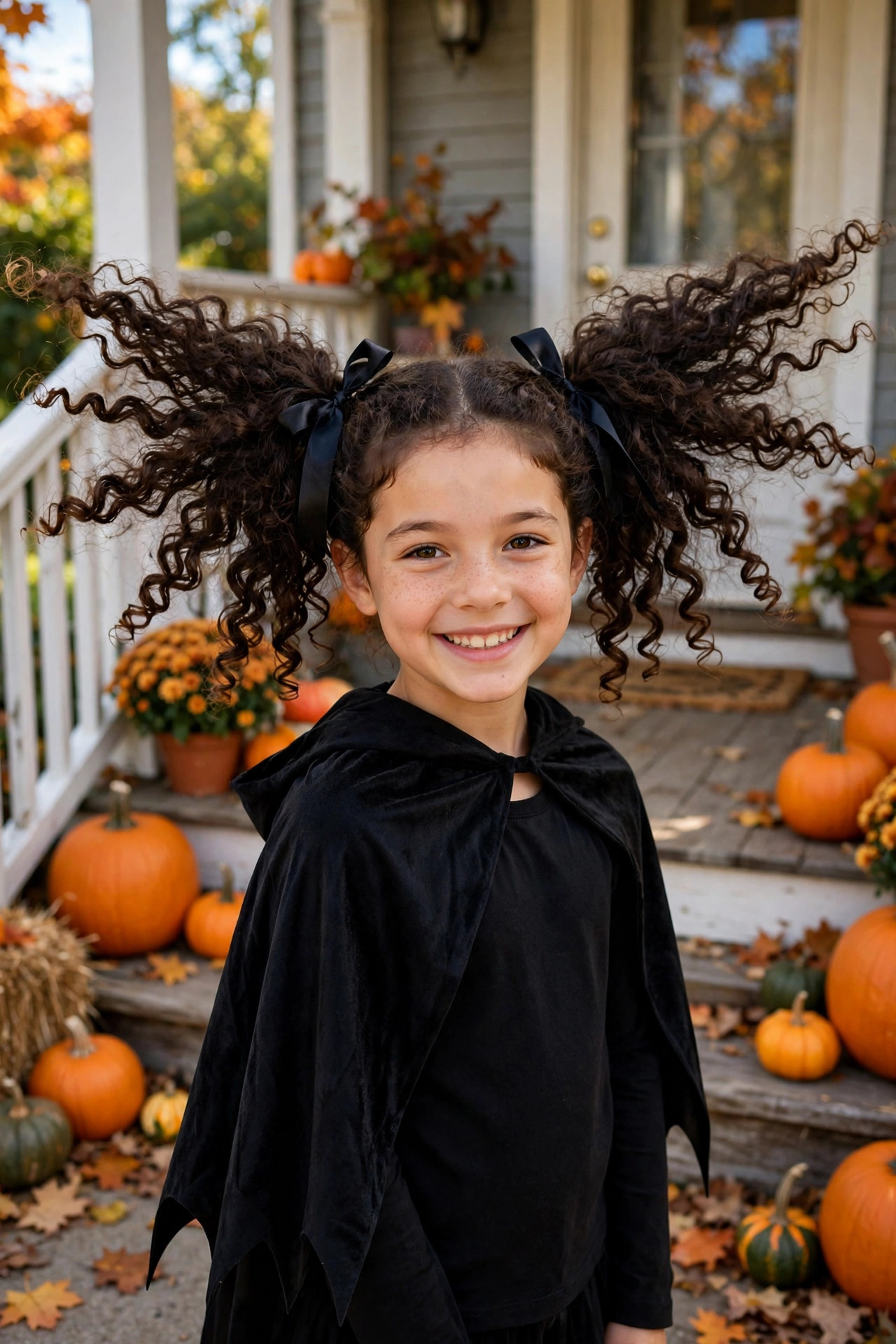 Side pigtails styled like bat wings with black ribbon, cute halloween hairstyles for kids idea