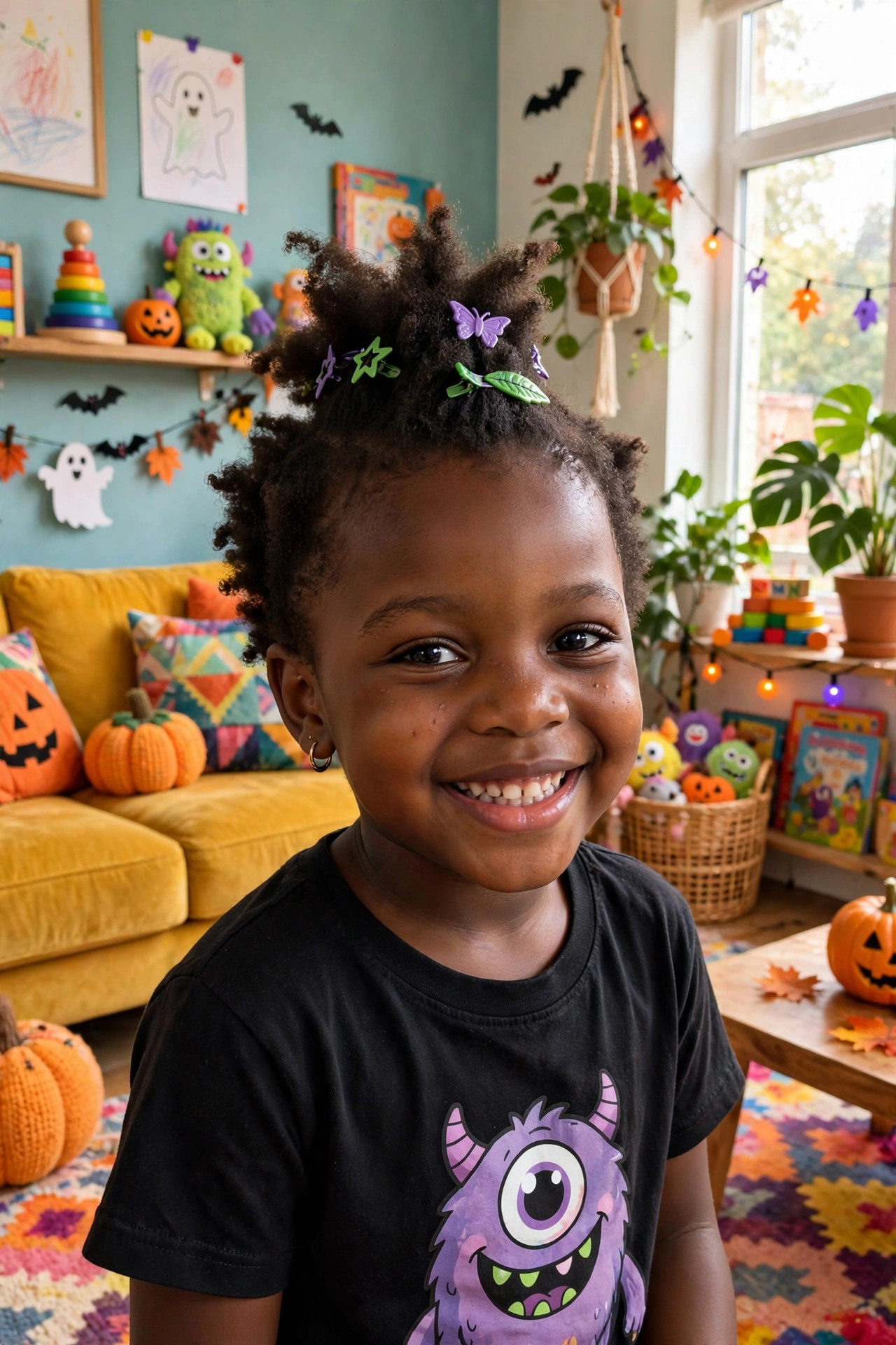 Little girl with a puffy curly mohawk and colorful clips