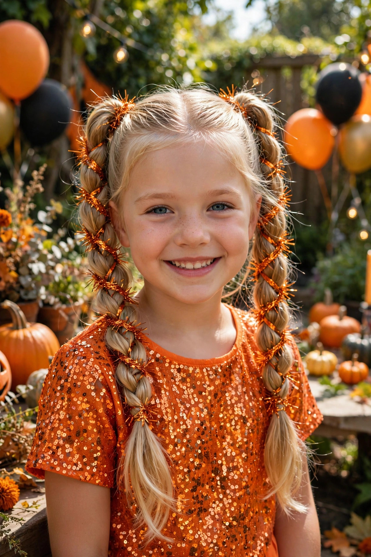 Long rope twists wrapped with orange tinsel, festive halloween hairstyles for kids look