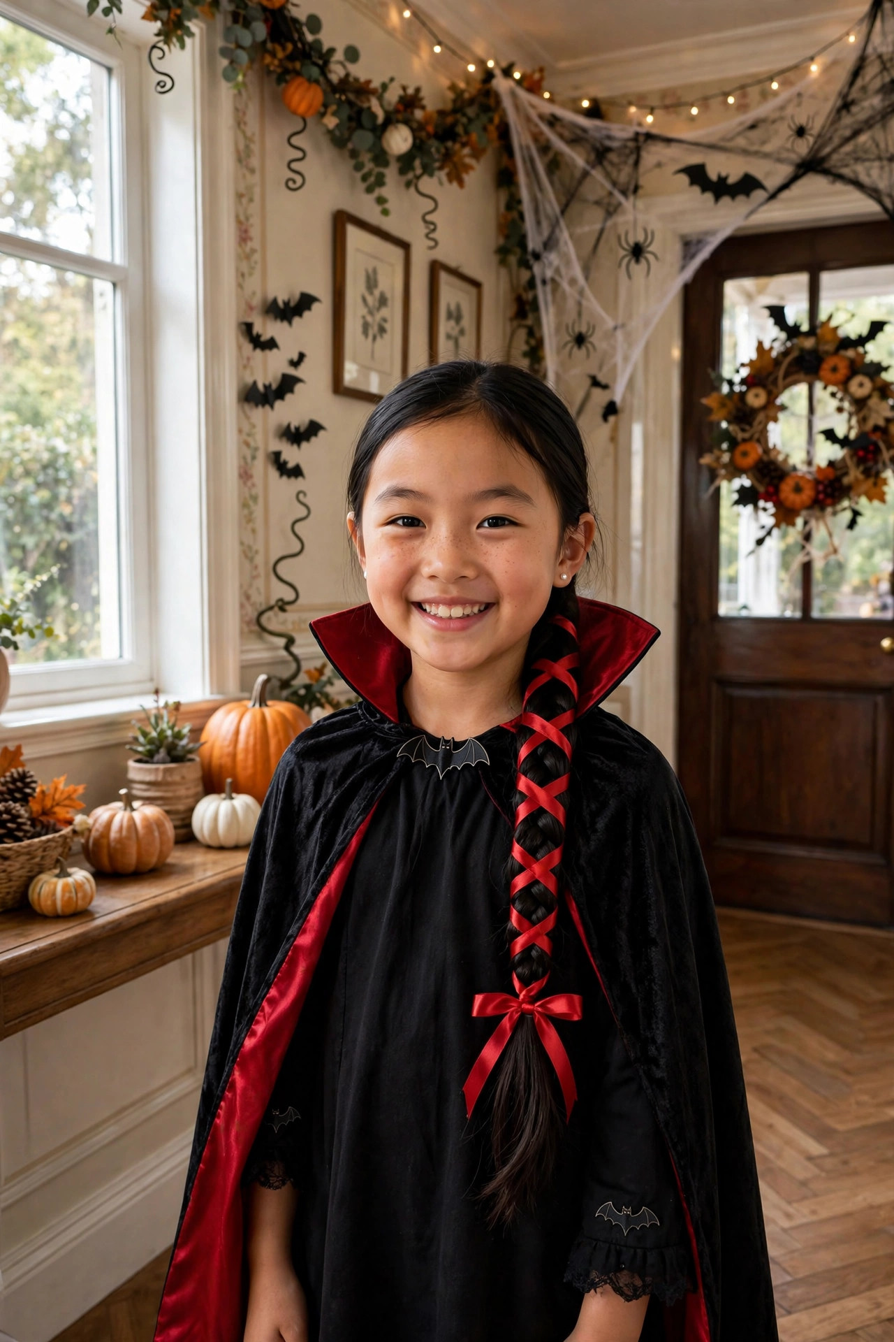 Long side braid with red ribbon for a vampire costume