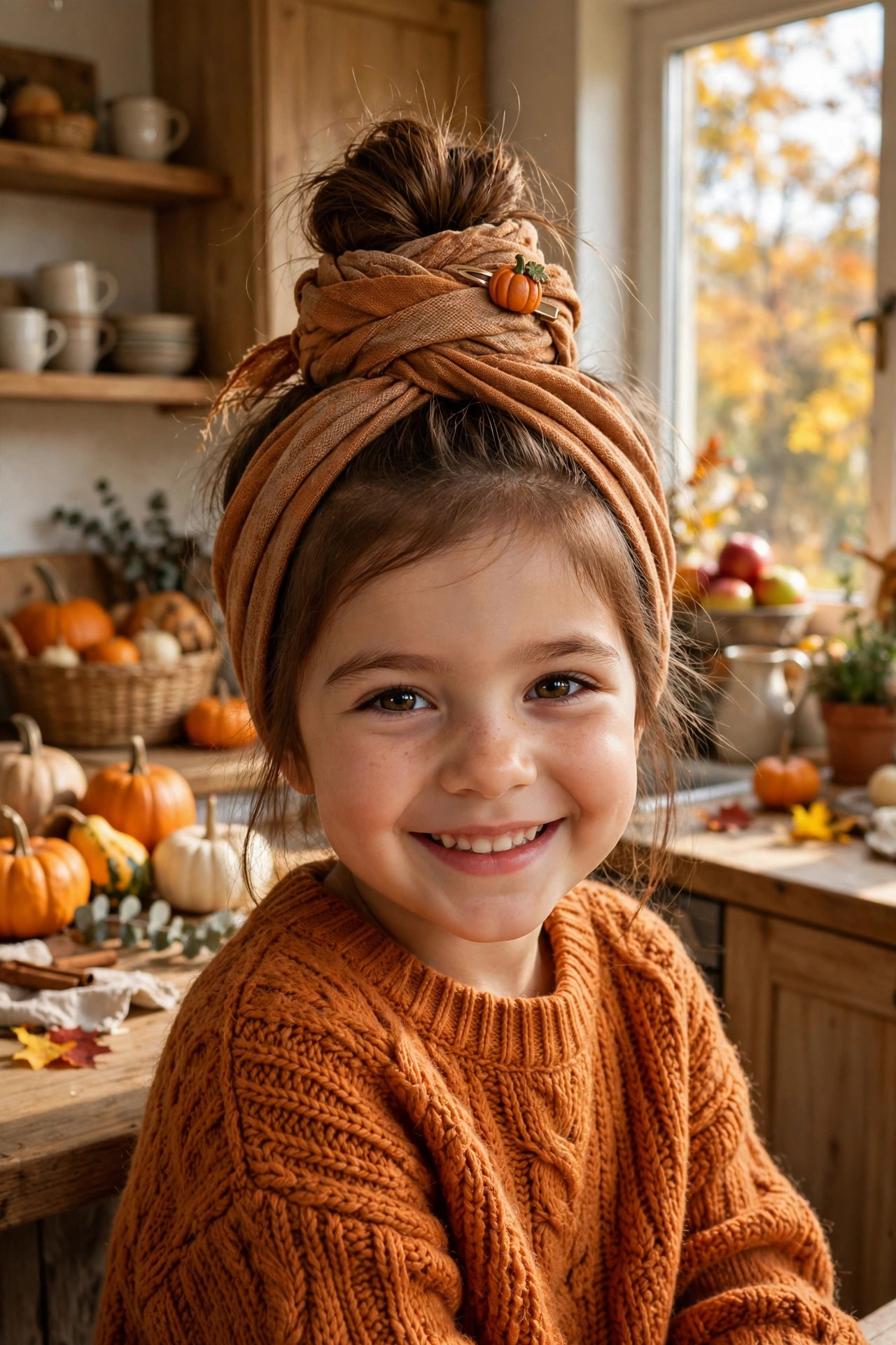 High topknot wrapped with a cinnamon scarf and pumpkin clip, cozy halloween hairstyles for kids style