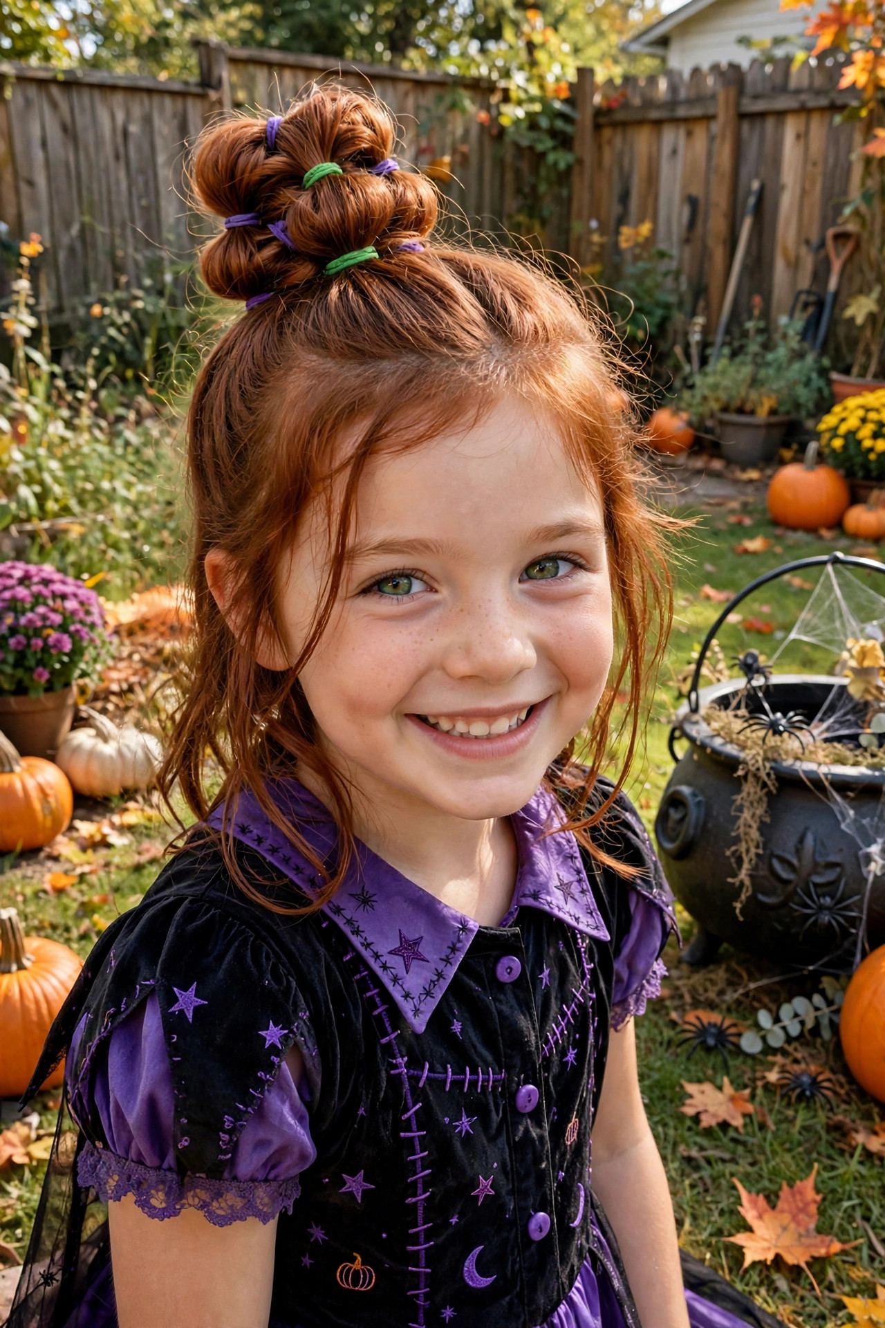 Bubble ponytail bun with green and purple elastics like a bubbling cauldron