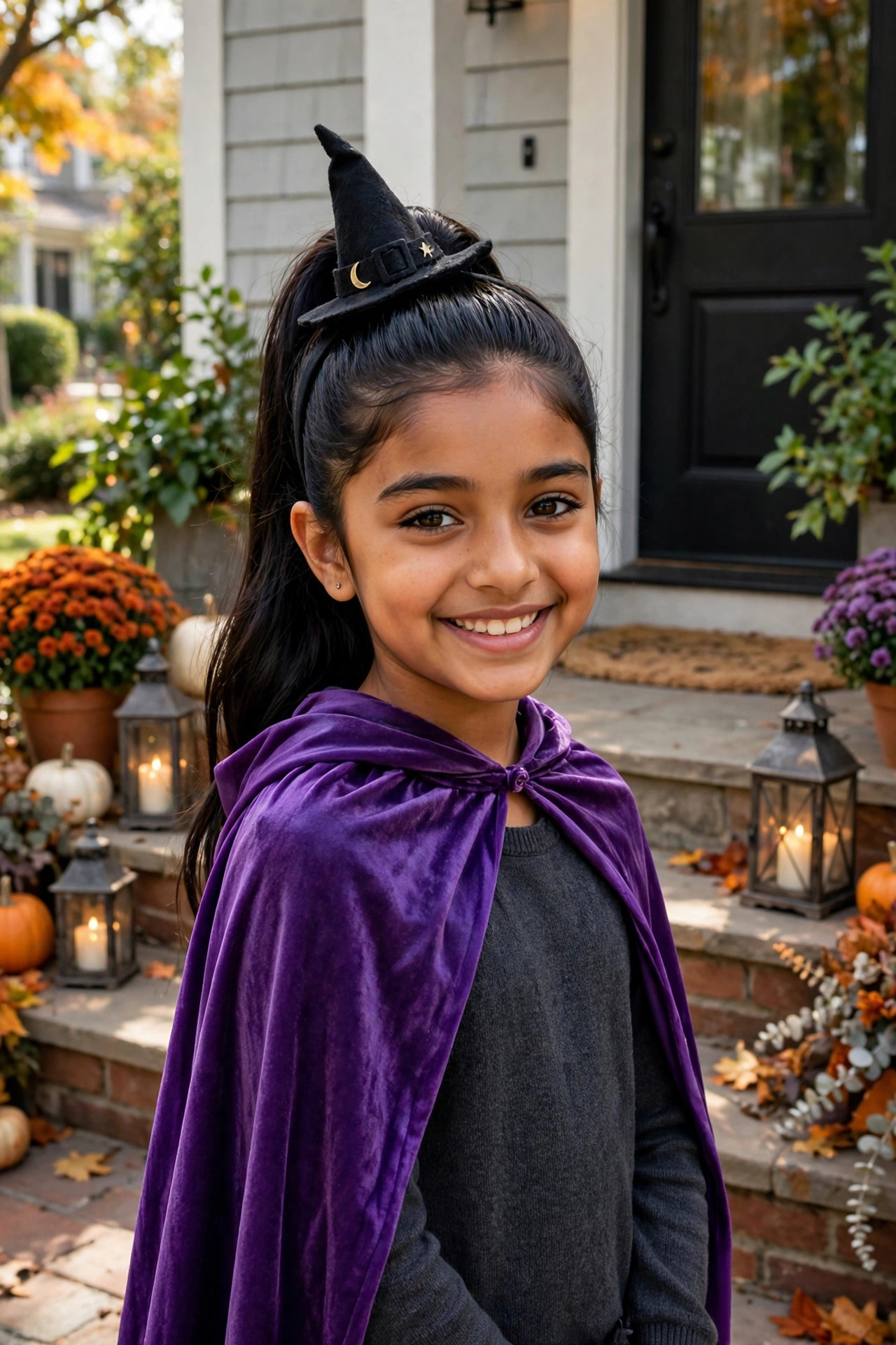 Sleek high ponytail with a mini witch hat headband, bewitching halloween hairstyles for kids idea