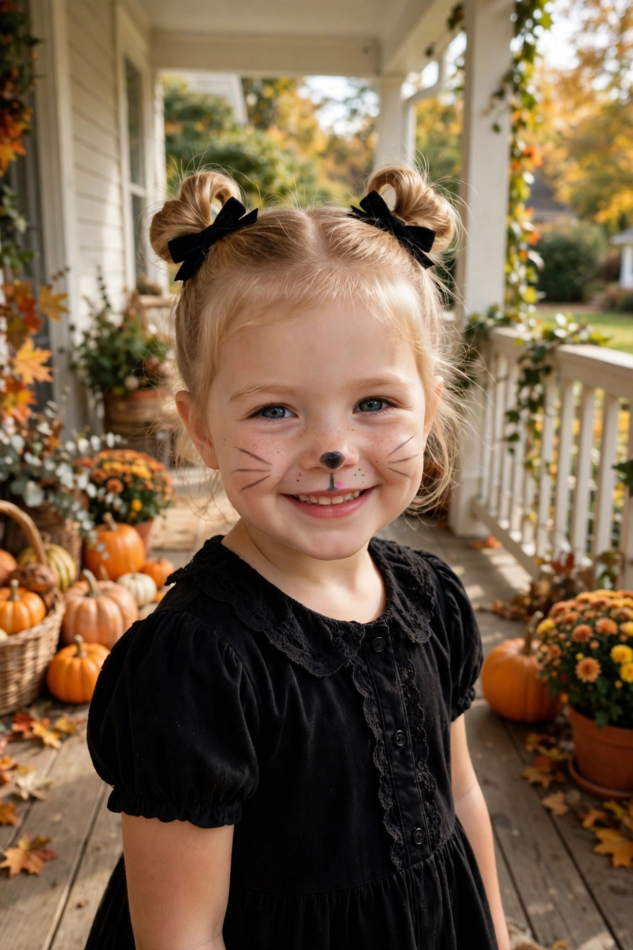 Cat ear buns with black bows and whisker face paint