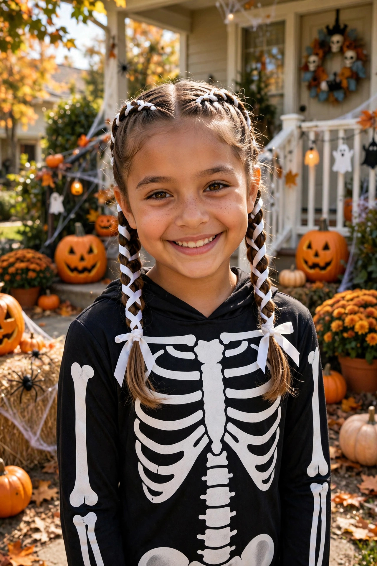 Neat French braids with white ribbon woven through for a skeleton costume