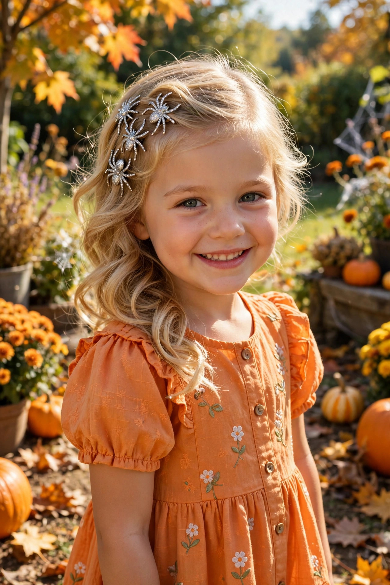 Sideswept waves with sparkly spider clips, easy halloween hairstyles for kids idea