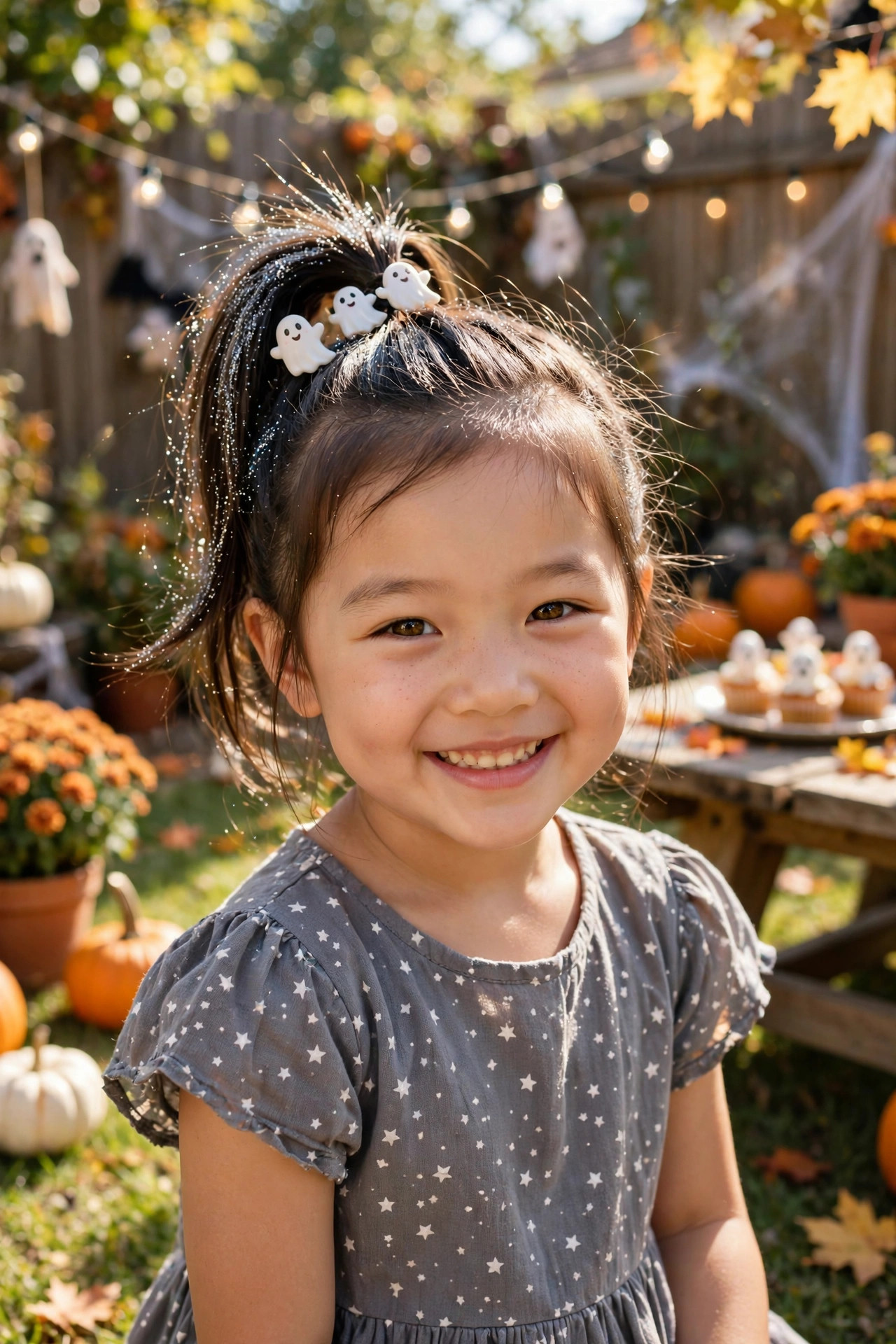 High ponytail with silver glitter and ghost clips, shimmery halloween hairstyles for kids idea