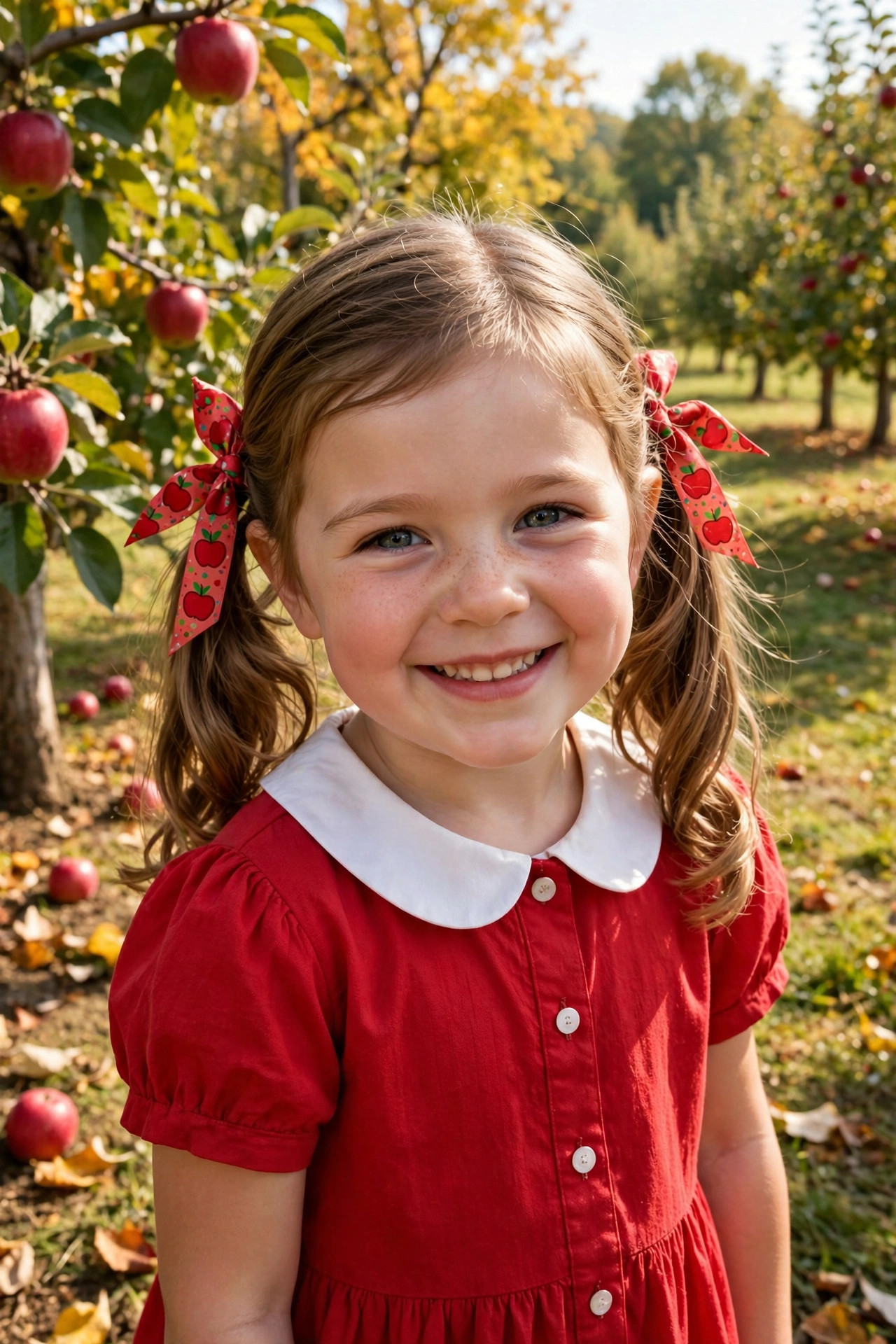Shiny low pigtails with red apple-print ribbons and a sweet autumn look