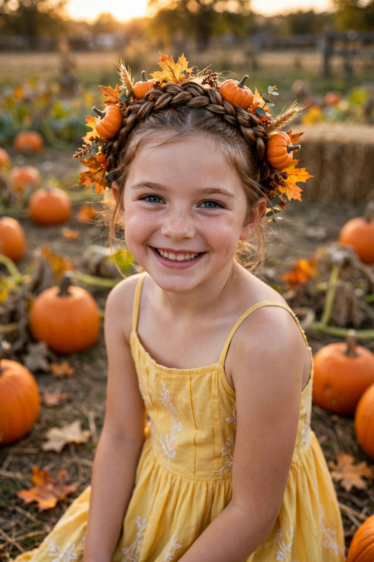 Braided crown decorated with mini pumpkins and fall leaves