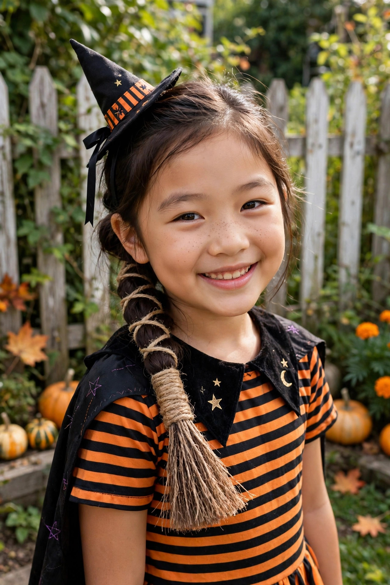 Low side ponytail wrapped with twine like a witch broomstick