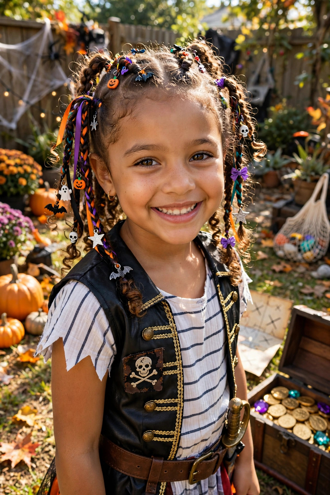 Multiple small ponytails with Halloween ribbons and charms, playful halloween hairstyles for kids finale
